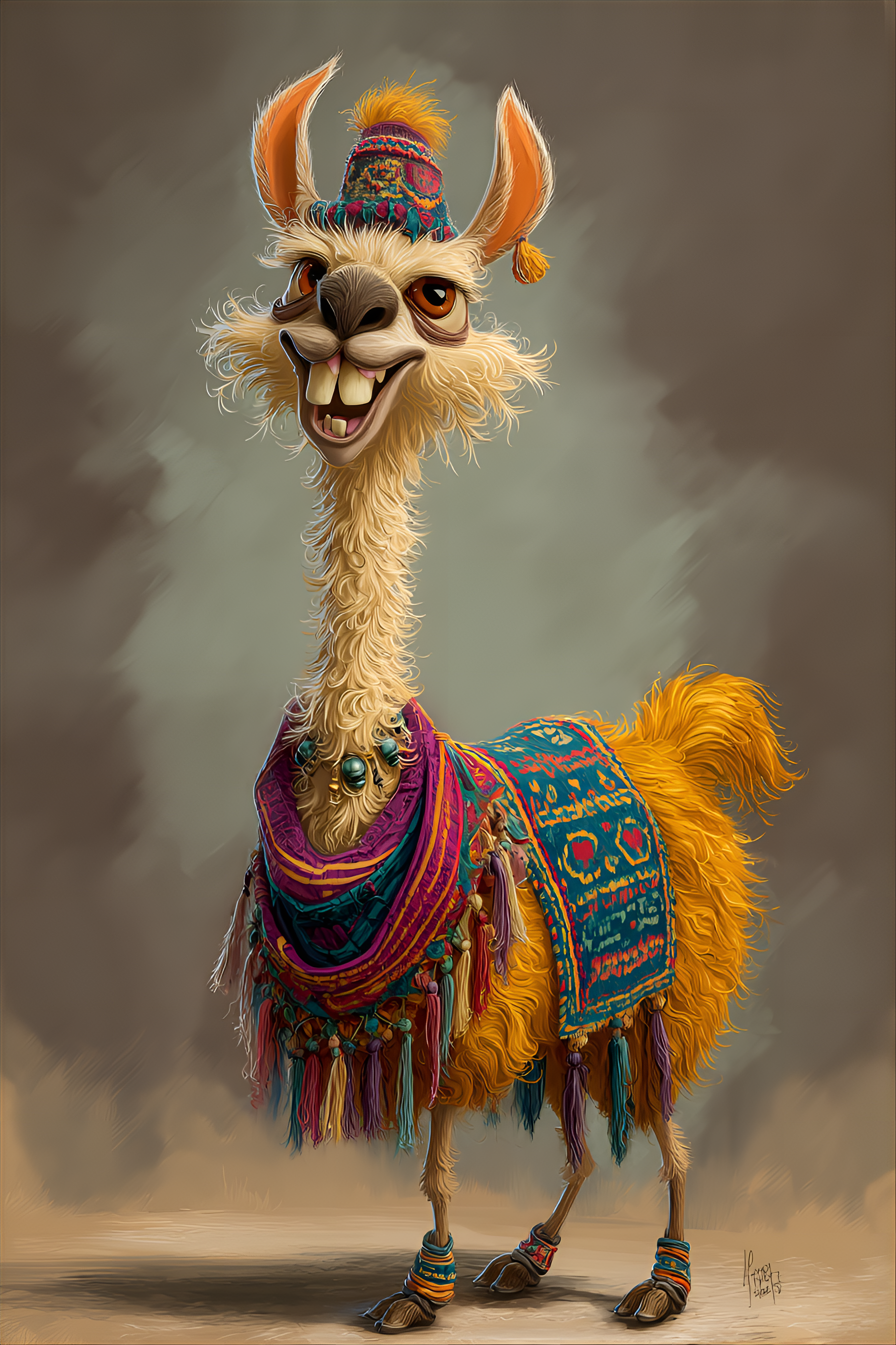 Midjourney prompt: funny caricature, silly llama character, peruvian ethnicity, 5 years old, aloof,...