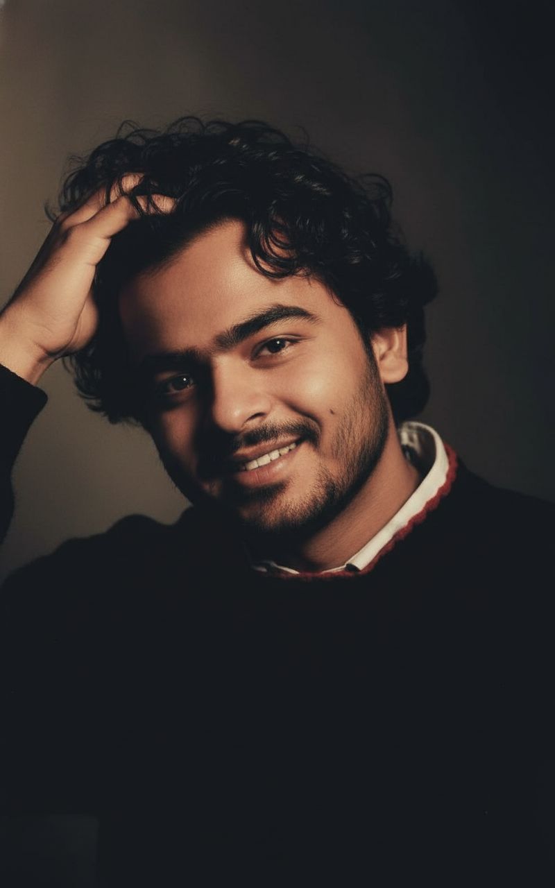 Nano Banana prompt: A young man with dark, curly hair and a short beard, captured in a warm, low-key...