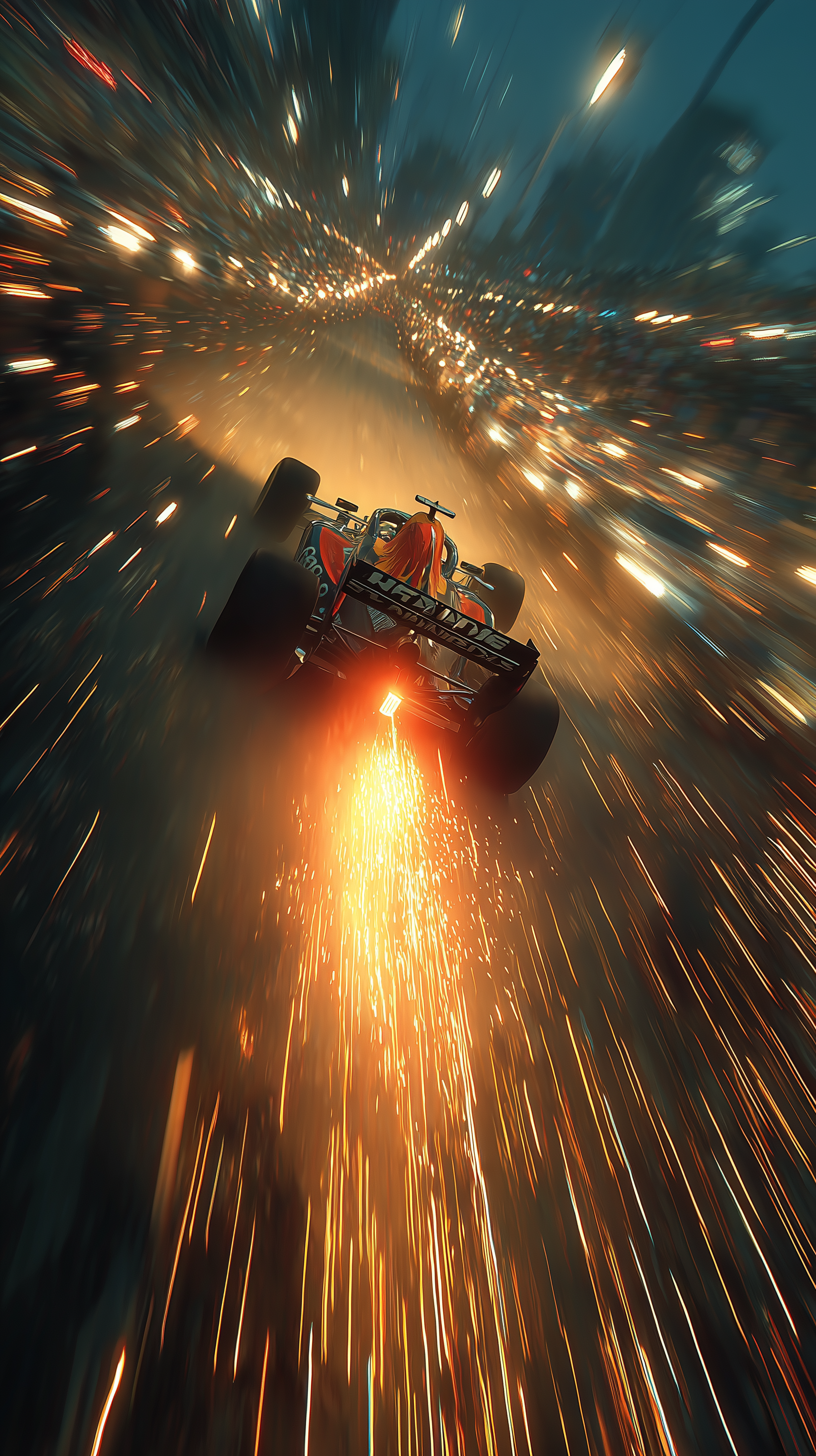 Midjourney prompt: cinematic, overhead whip-pan capturing F1 machine, full-shot, burst past, night,...