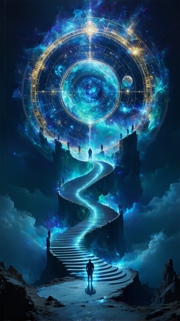 Stable Diffusion prompt: A massive celestial wheel inscribed with shifting golden glyphs spins midair, en...