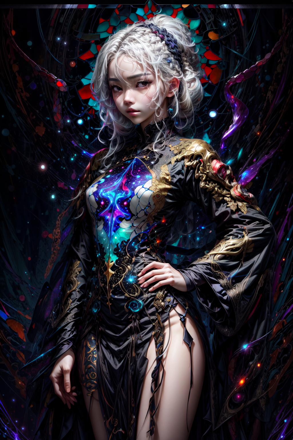 UnstableInkDream prompt: (stained glass dress:1.5), (beautiful young Korean woman, with white hair in a b...
