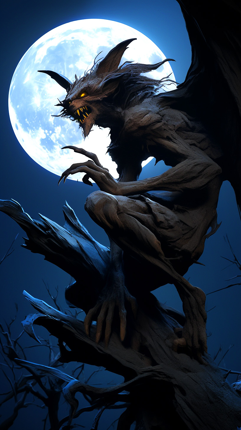 Midjourney prompt: Aswang, scary monster with bat-like wings and fangs, lurking behind a tree, full...