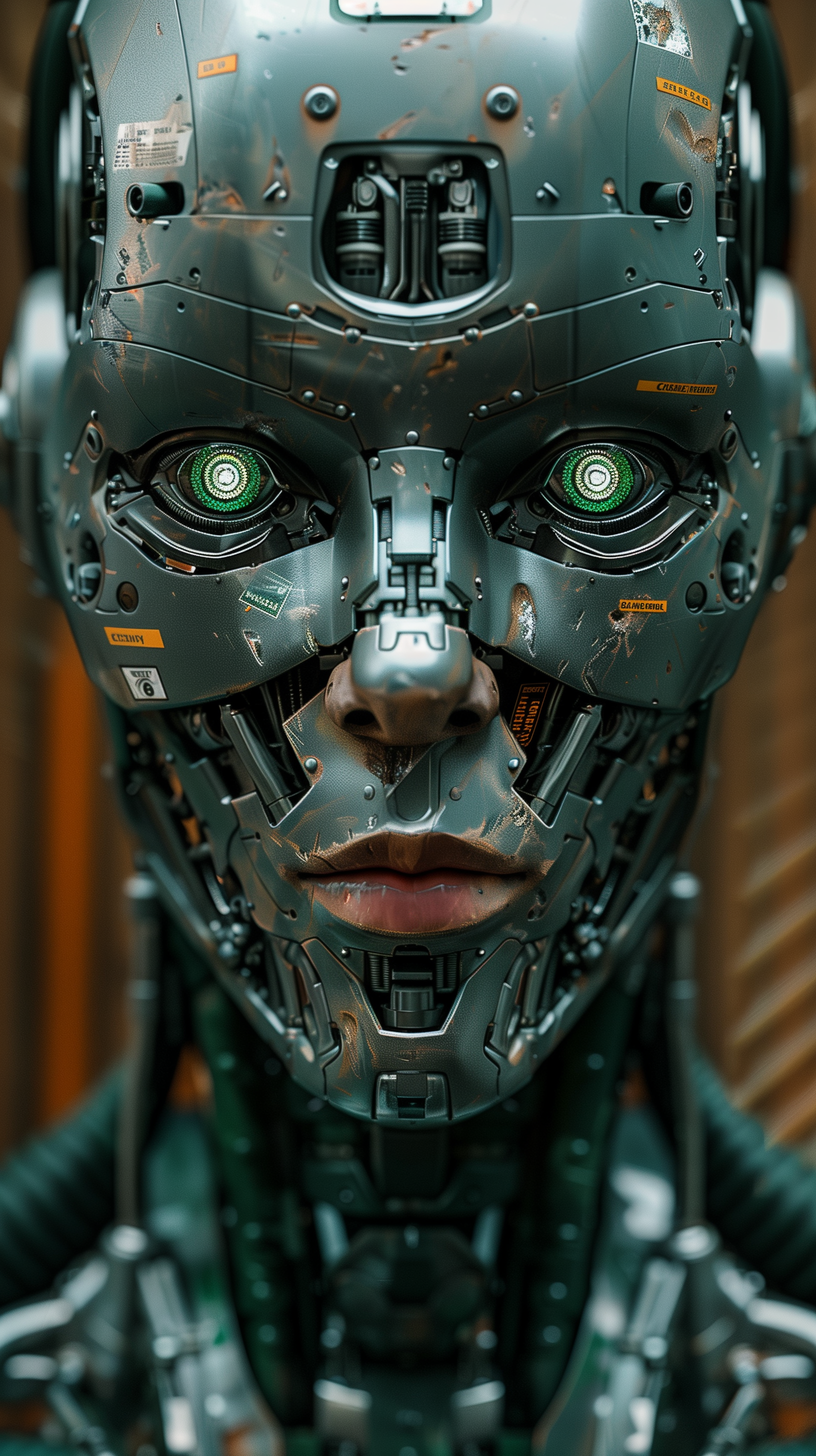 Midjourney prompt: hyper-detailed robotic head with a semi-matte, scratched and weathered metallic ...