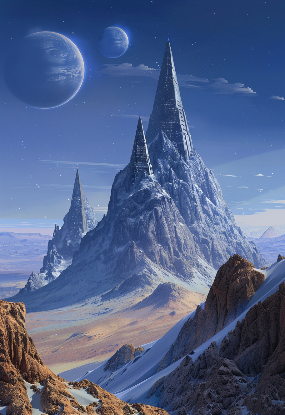 Midjourney prompt: A blue sky with three large planets in the background, a few huge triangle-shape...