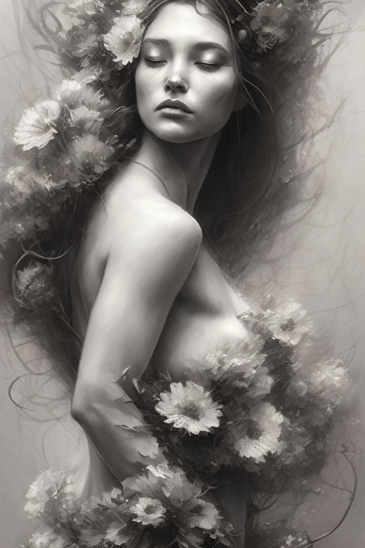 Openjourney prompt: charcoal drawing of a full figure of woman dancing in the wind with flowers in h...
