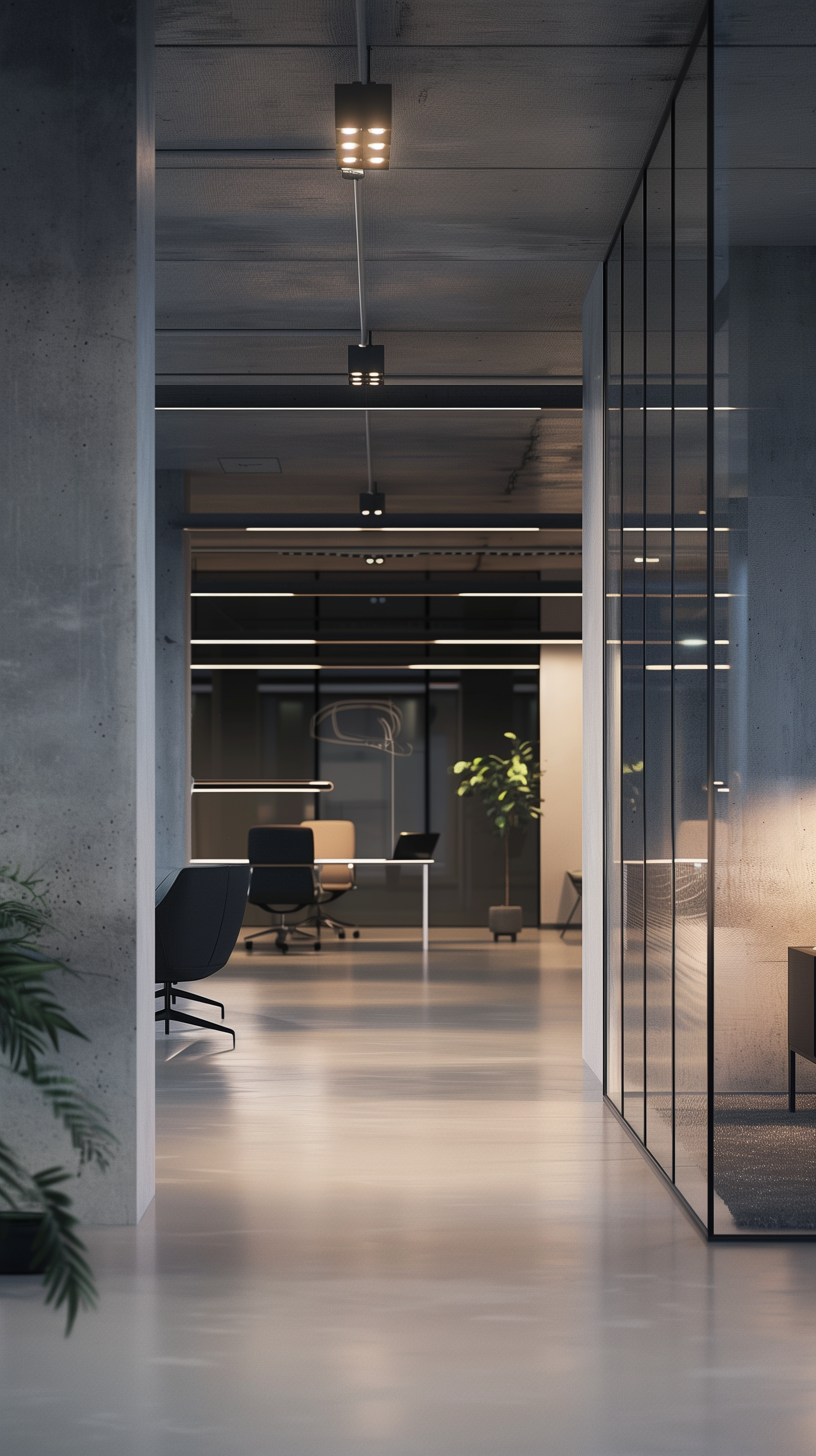 Midjourney prompt: photography, ultra-modern office interior, minimalist in design, illuminated by ...