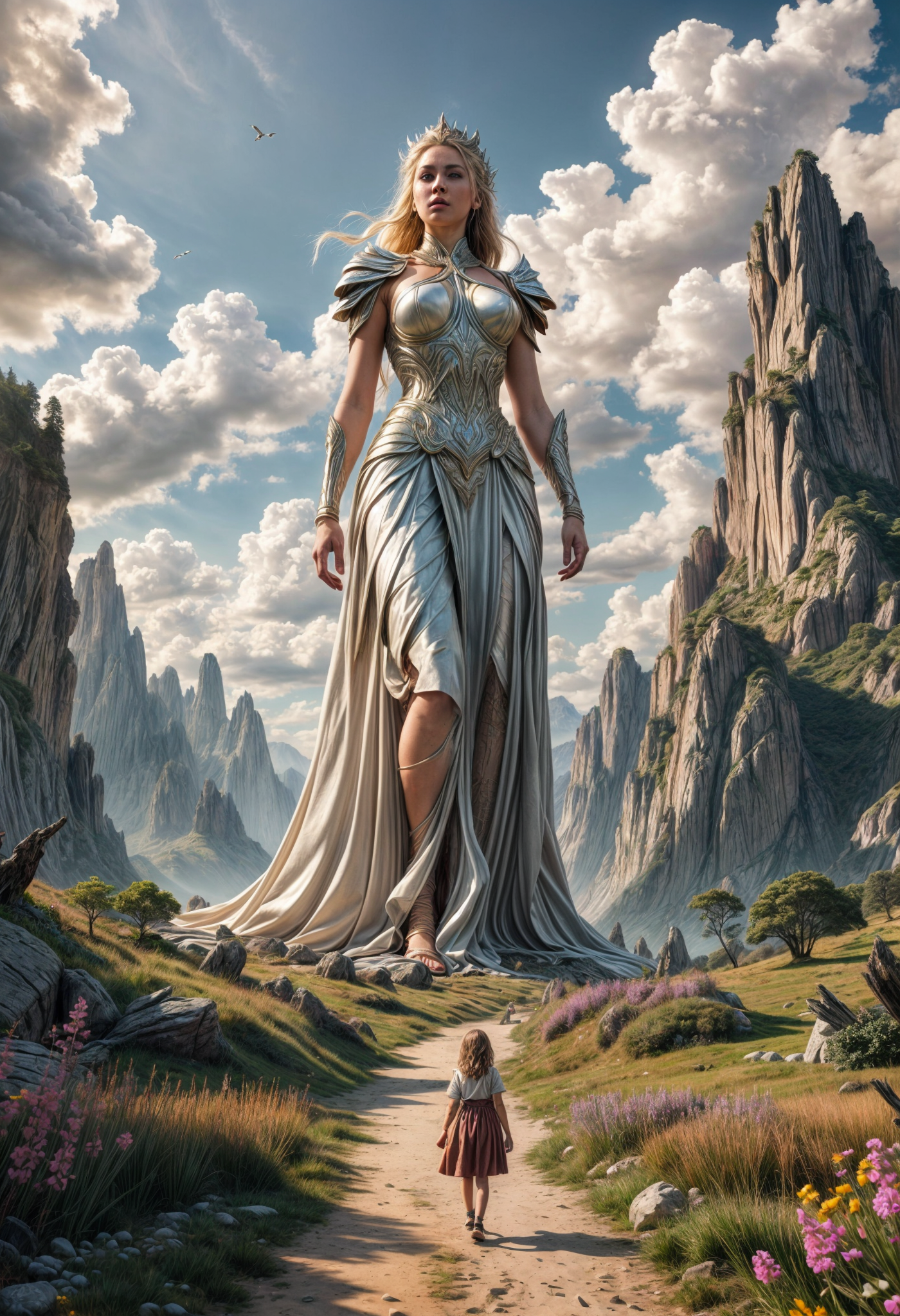 Stable Diffusion prompt: A giant towering woman walking through a very beautiful Landscape, little people...