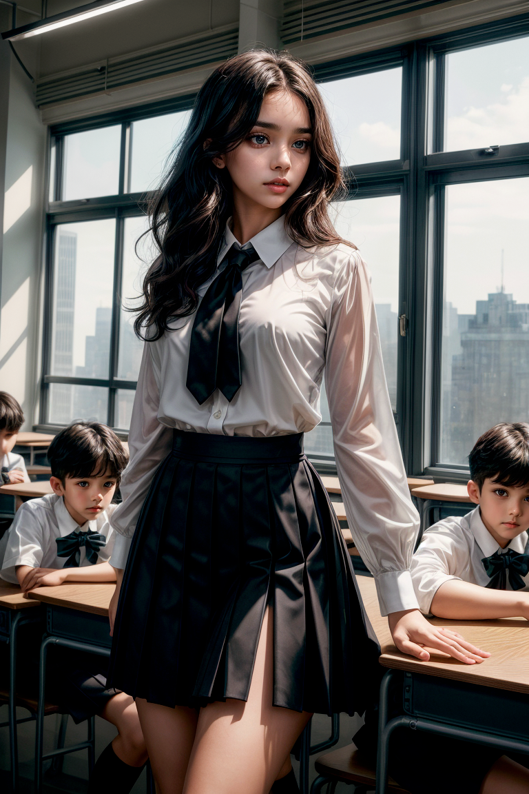 DreamShaper prompt: A panoramic view of a classroom, gorgeous teacher with class of young boys, whit...