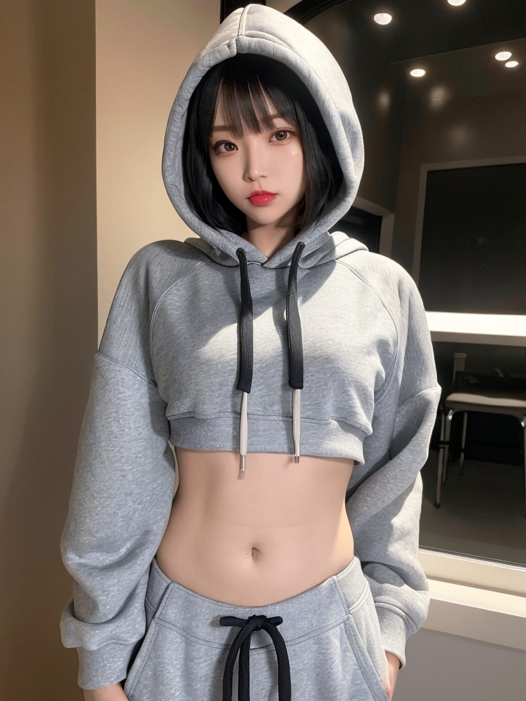 ChilloutMix prompt: 1 girl, beautiful Korean girl, (Cute Loose Bob hair), (wearing a cropped hoodie,...