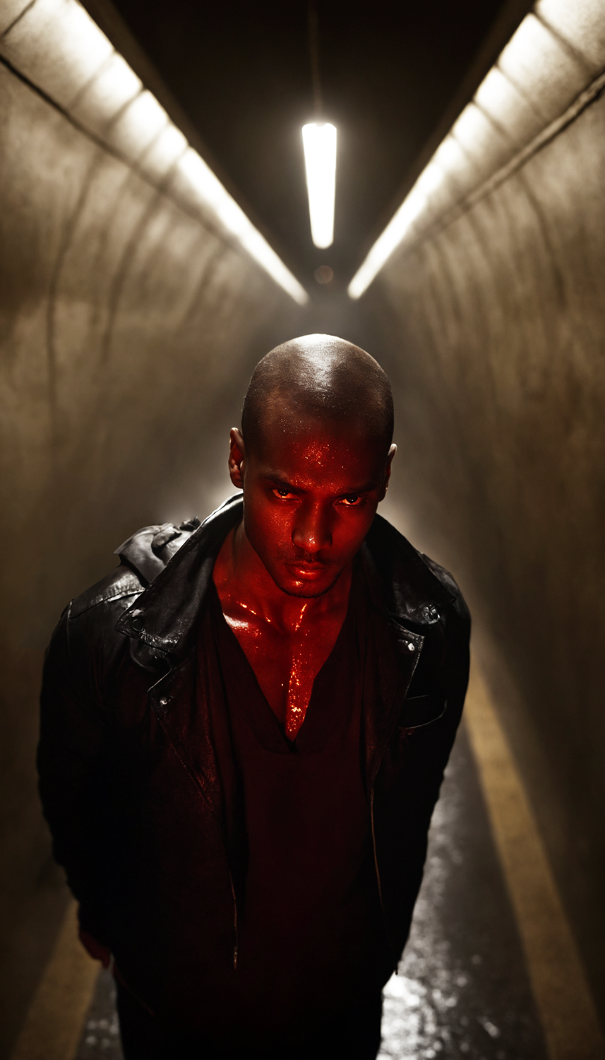 Stable Diffusion prompt: bald man in leather jacket with blood on face and body in tunnel, wet floor, low...