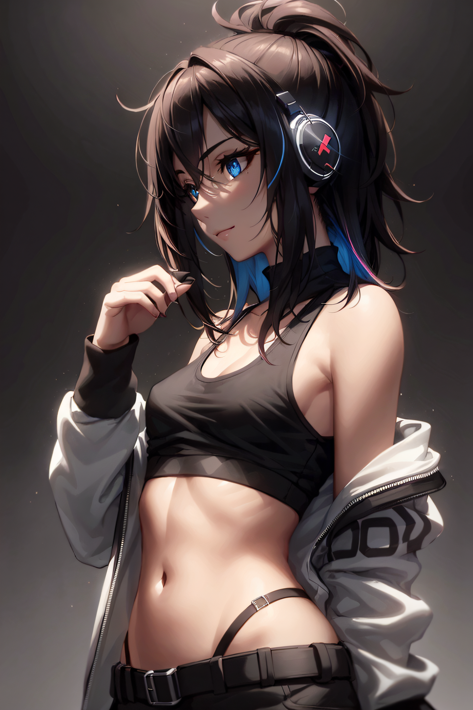 Kenshi prompt: black hair, black tank top, (show midriff), (toned stomach:1.4), (flat chest, 1....