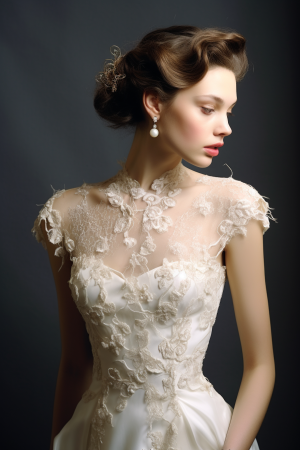 Midjourney prompt: Vintage, romantic, and delicate designer lace wedding gowns with intricate embro...