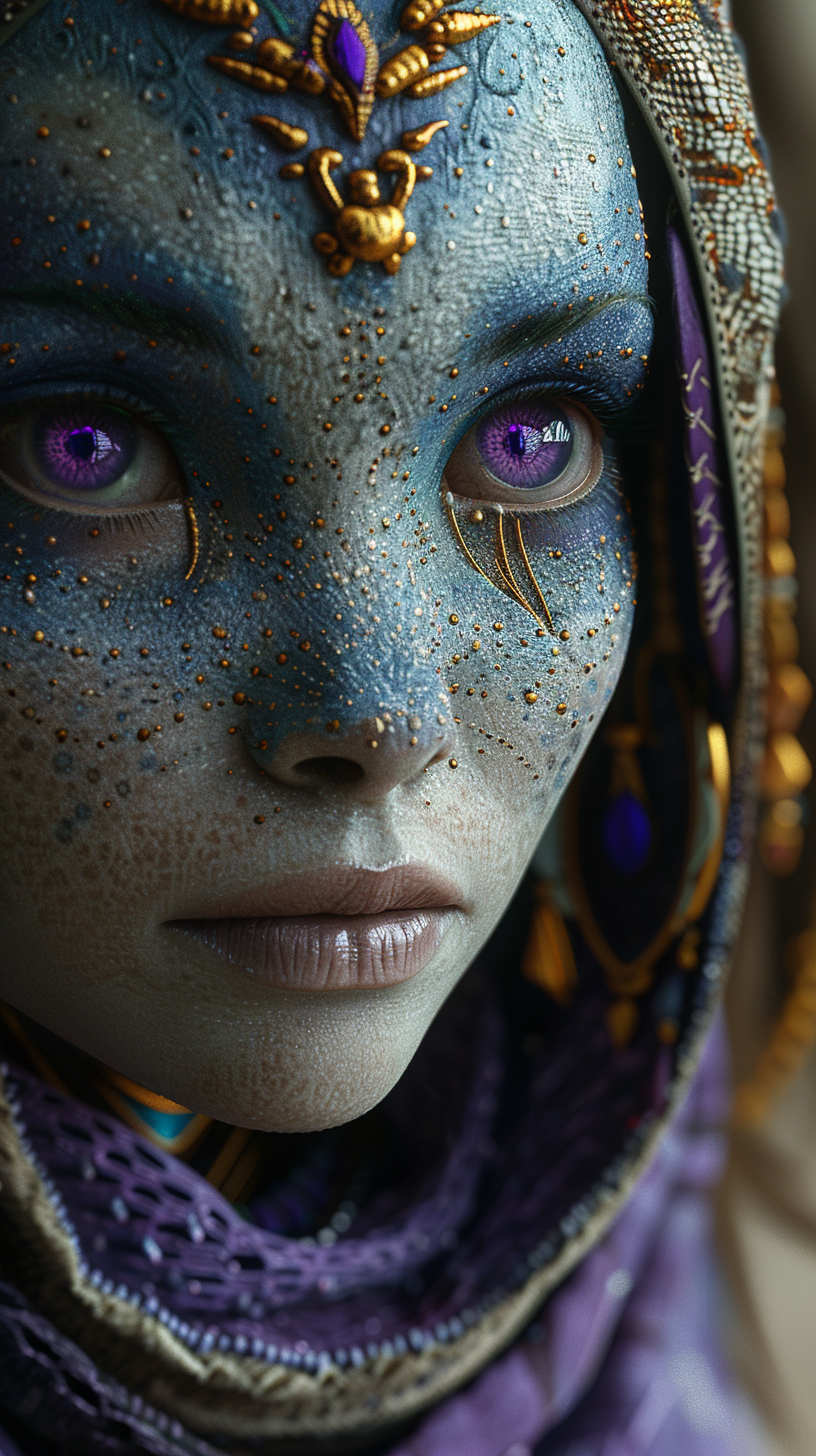 Midjourney prompt: alien woman, indigenous features, purple eyes, photography, a cinematic scene, h...