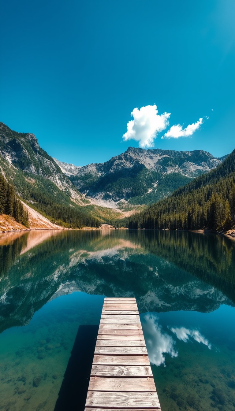 FLUX prompt: A clear, reflective mountain lake surrounded by lush pine forests and towering p...