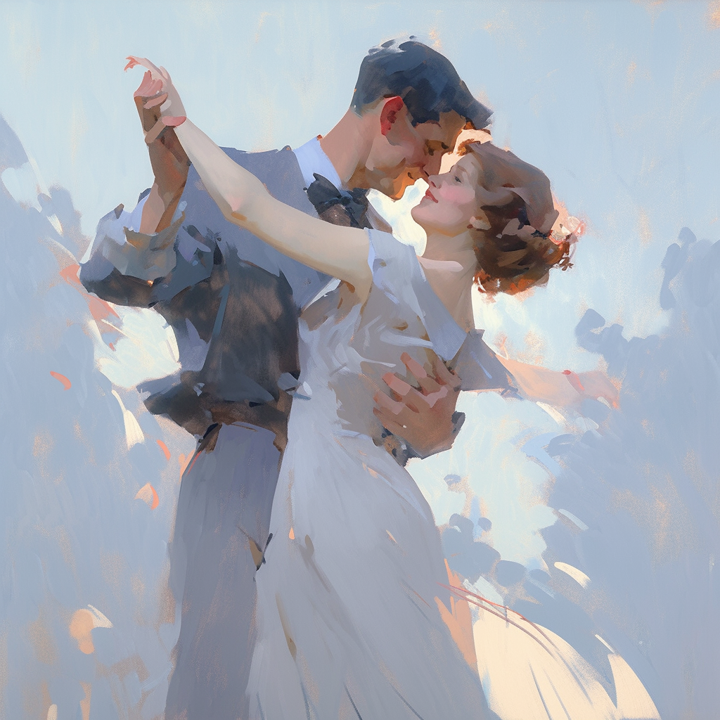 Midjourney prompt: A blissful couple, dancing with joy, in the style of Arthur Streeton, a romantic...