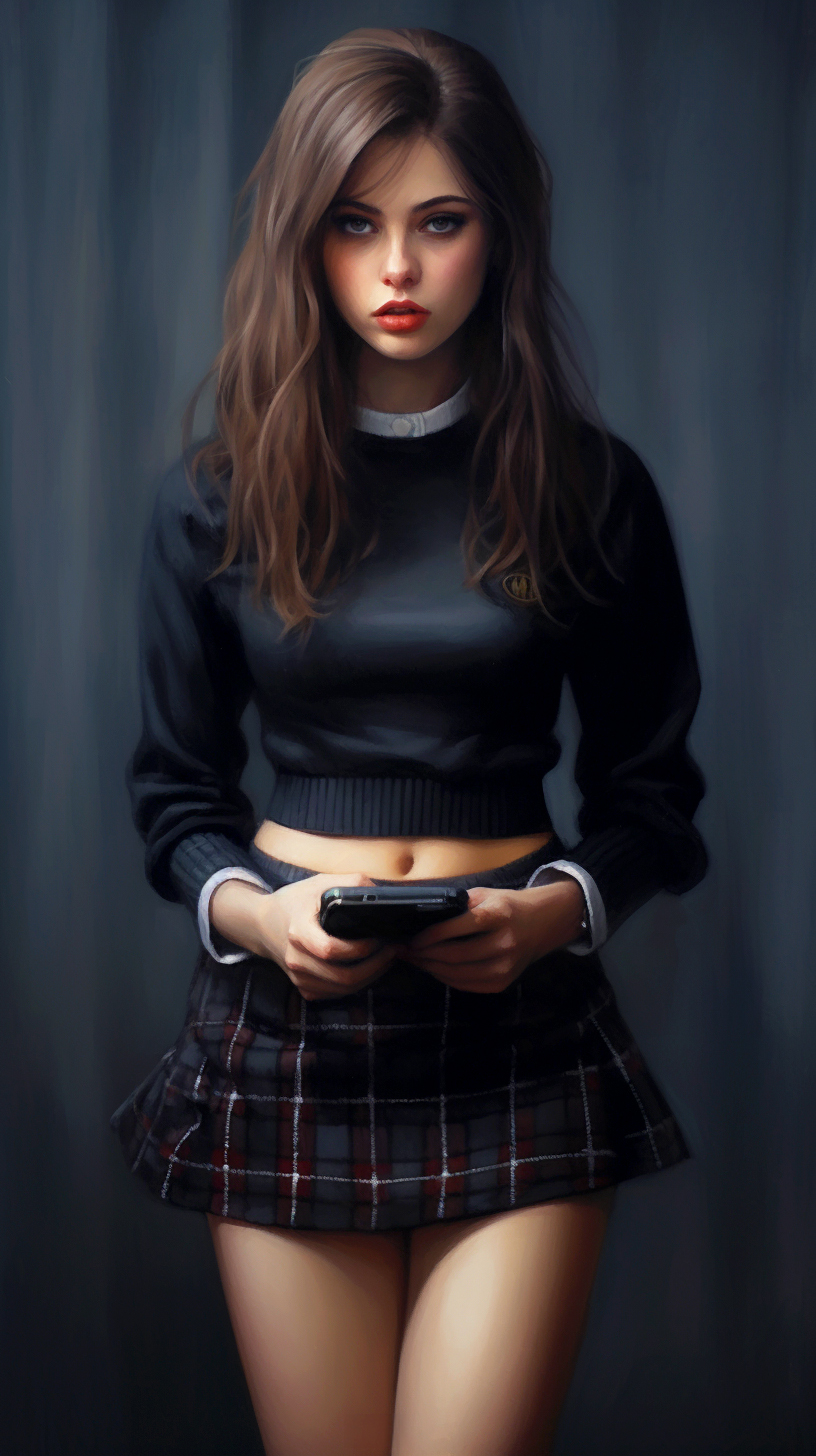 Midjourney prompt: Sweet girl holding a smartphone wearing a dark sweater and checkered mini skirt,...