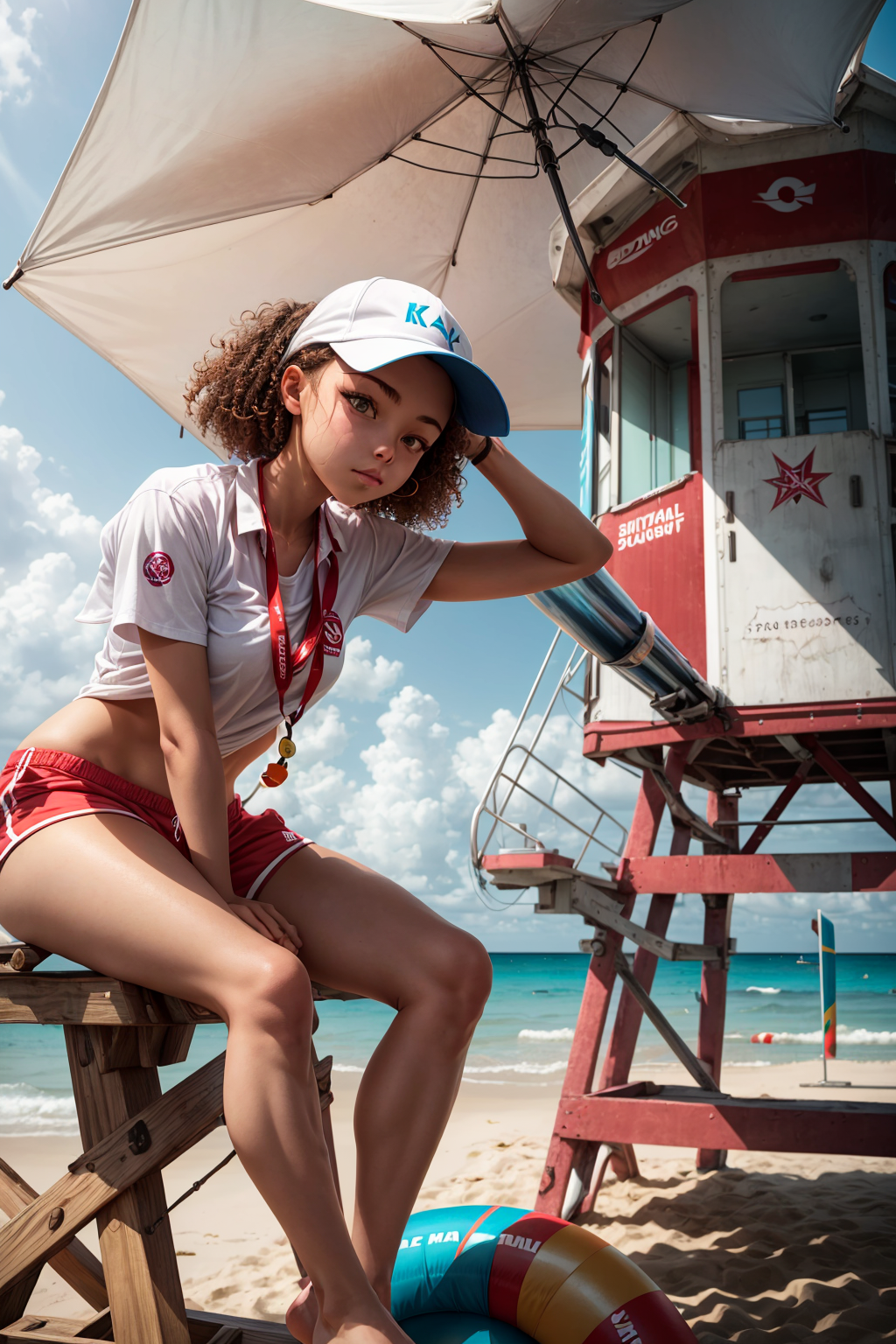 UnstableInkDream prompt: 1girl, a girl as a lifeguard, sitting in the sun on a white lifeguard tower, pla...