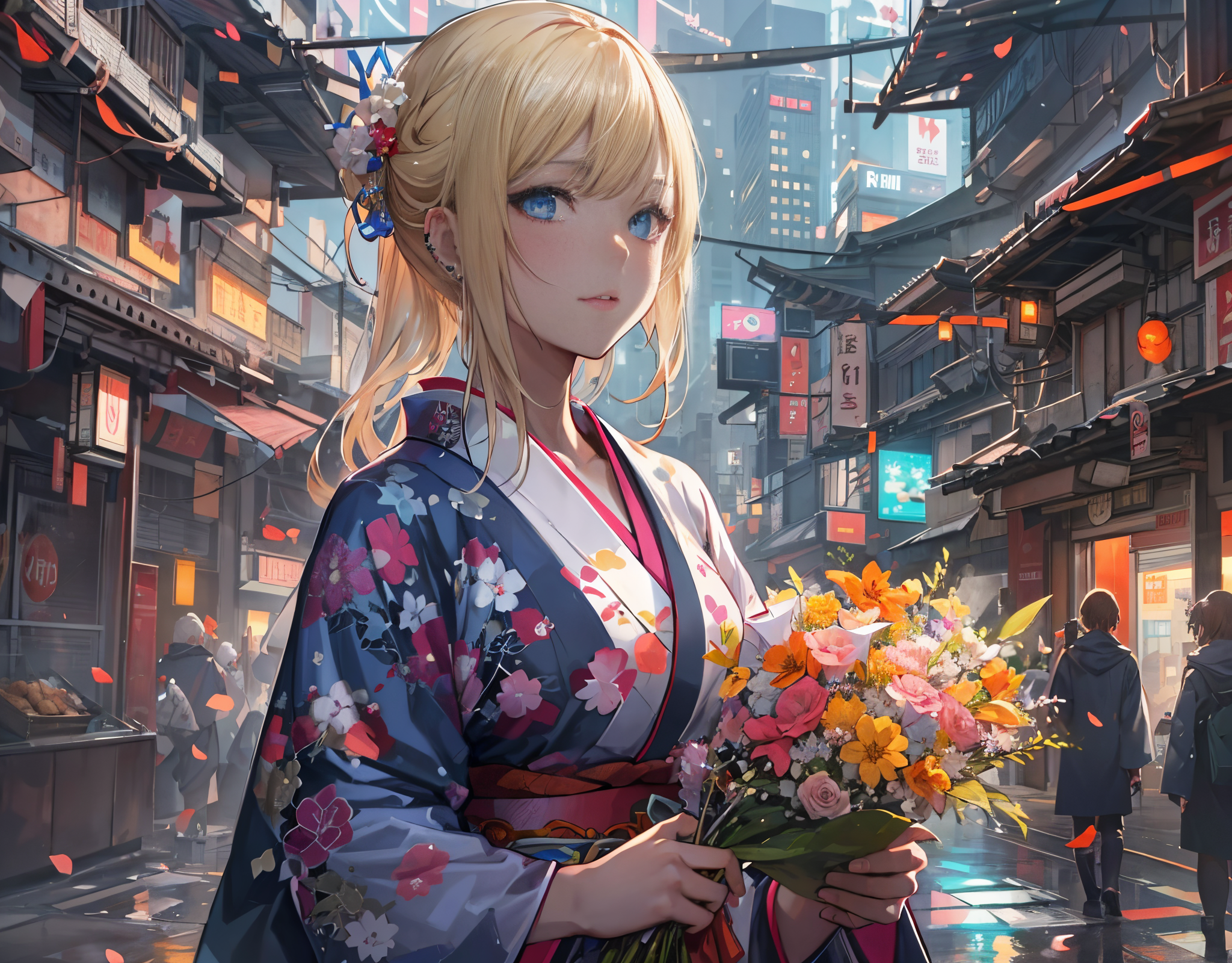 Stable Diffusion prompt: masterpiece, concept art, illustration, centered, a pretty girl holding a bunch ...