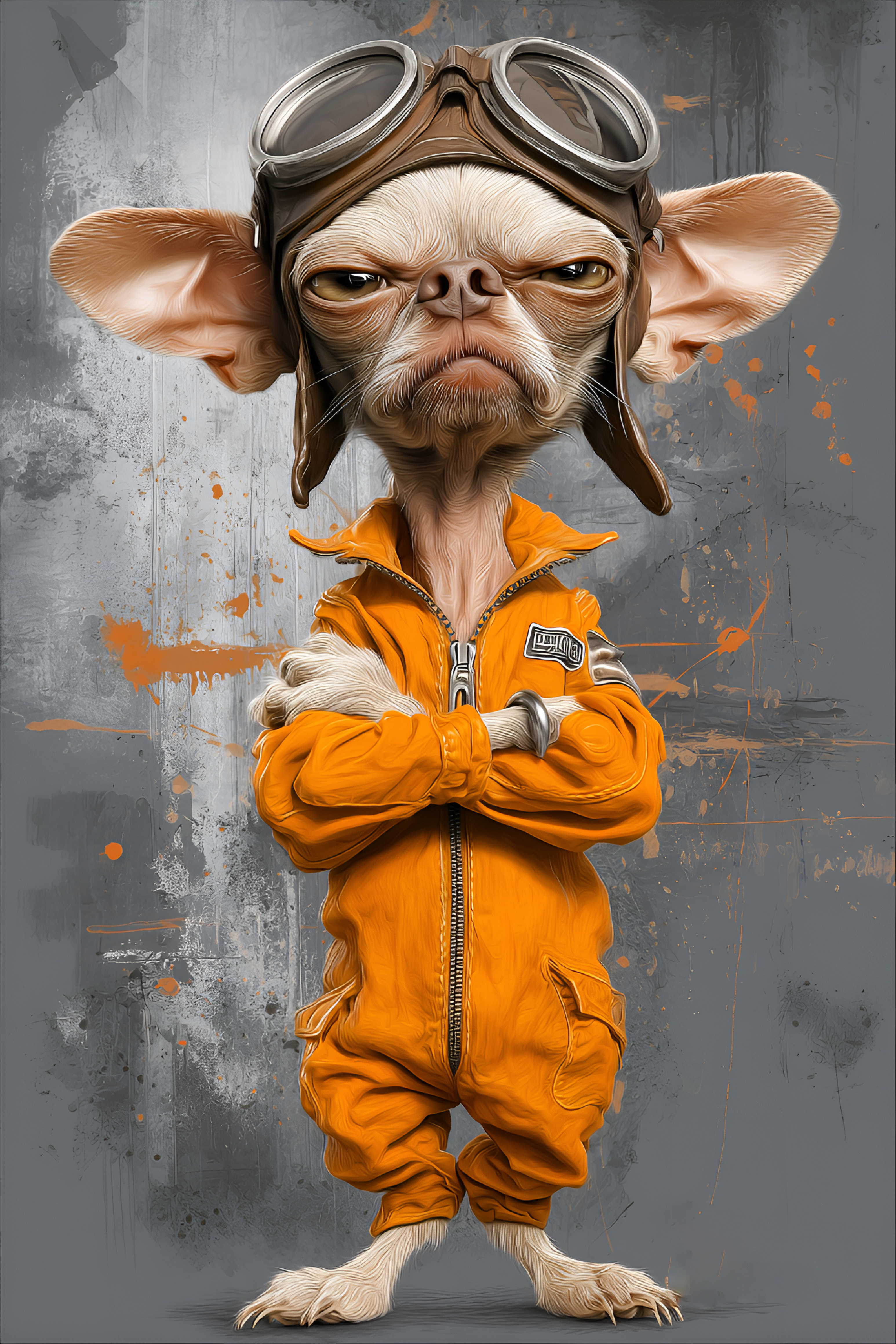 Midjourney prompt: funny caricature, tough chihuahua character, male, 7 years old, wrinkled, small,...
