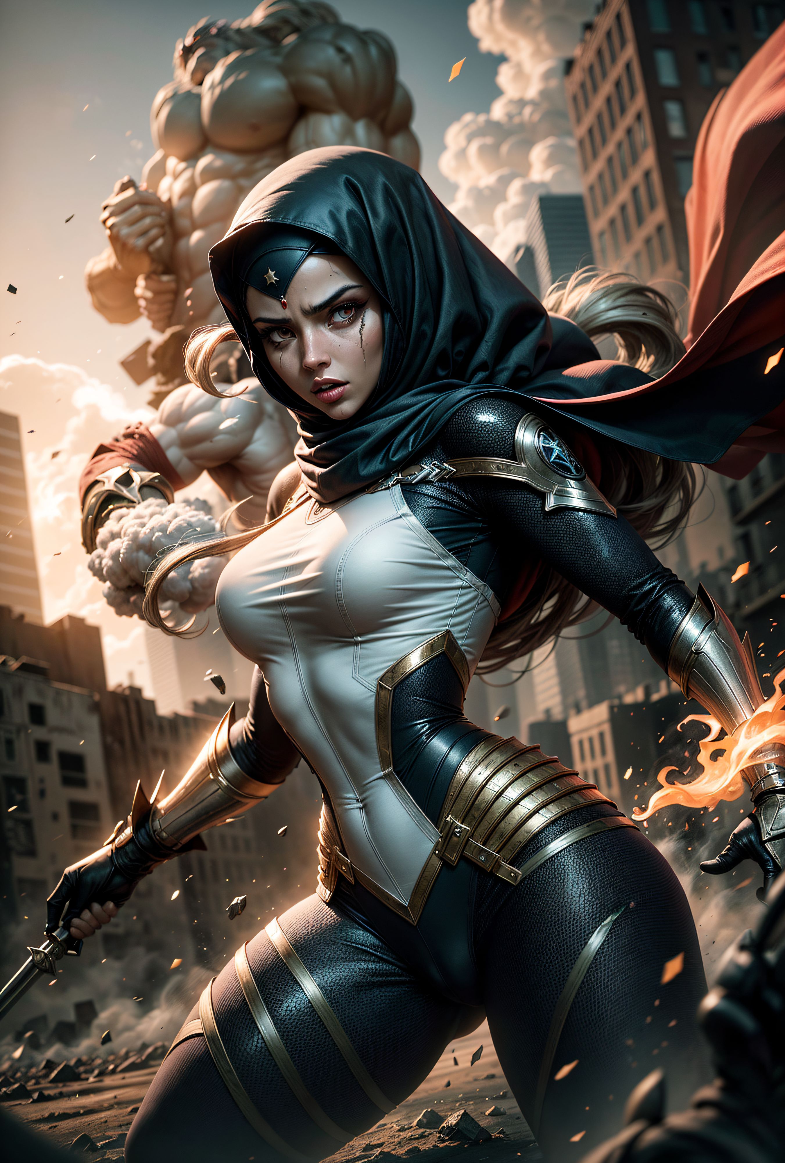 ReV Animated prompt: Illustration portrait, super hero woman, fight, monster, epic, cinematic. epic d...