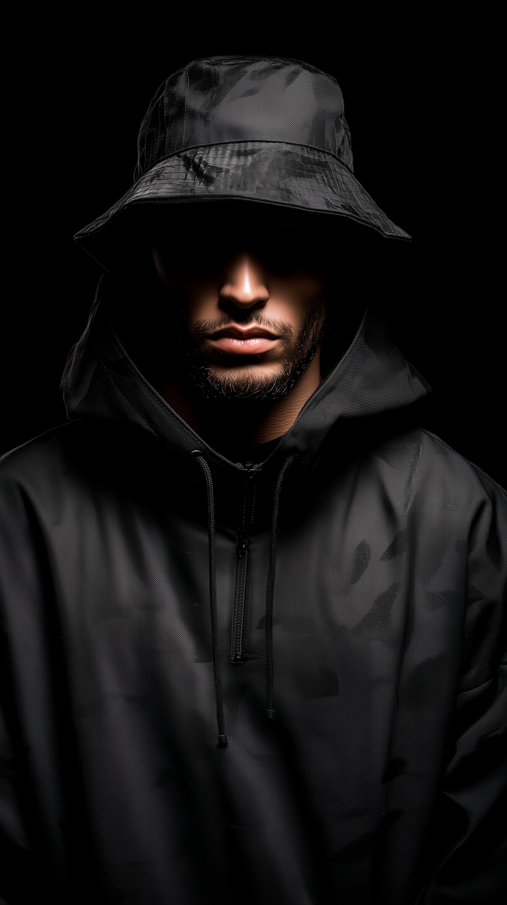 Midjourney prompt: photography, front shot, upper body, male model, wearing a bucket hat, black hoo...