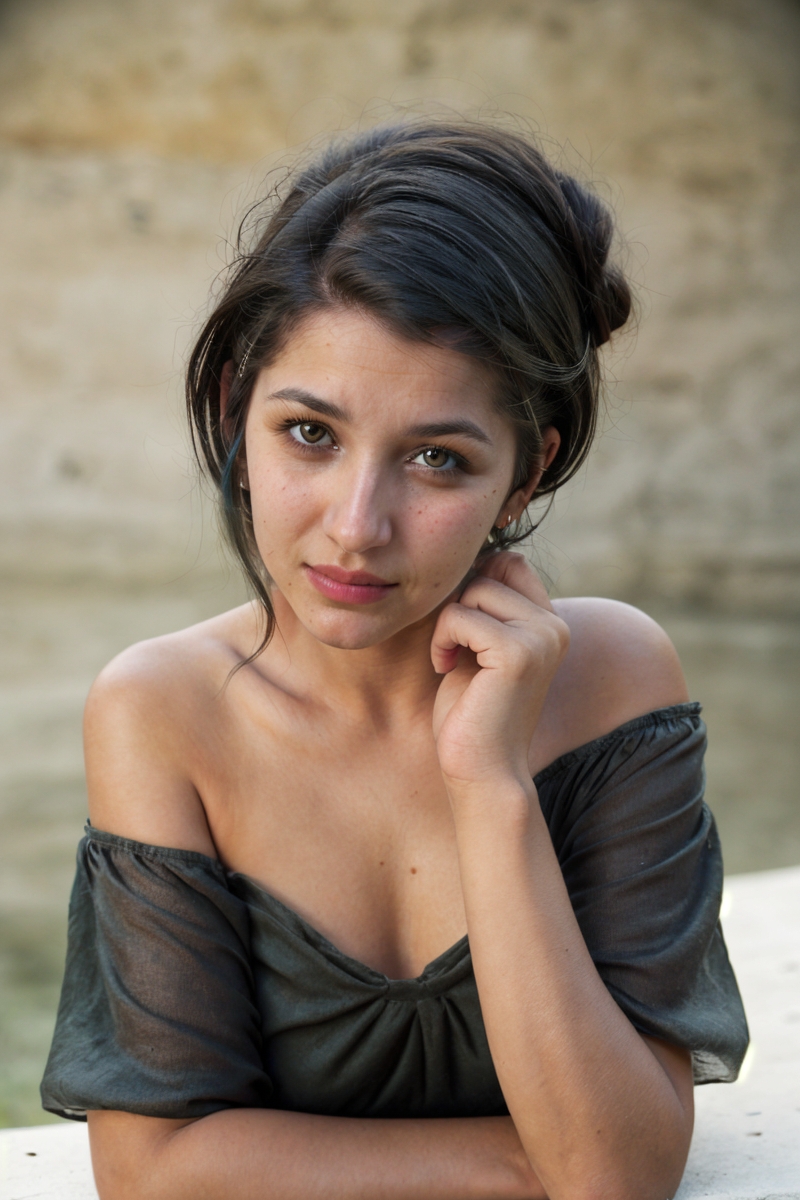 Stable Diffusion prompt: An image of a woman offering a sophisticated over-the-shoulder look towards the ...