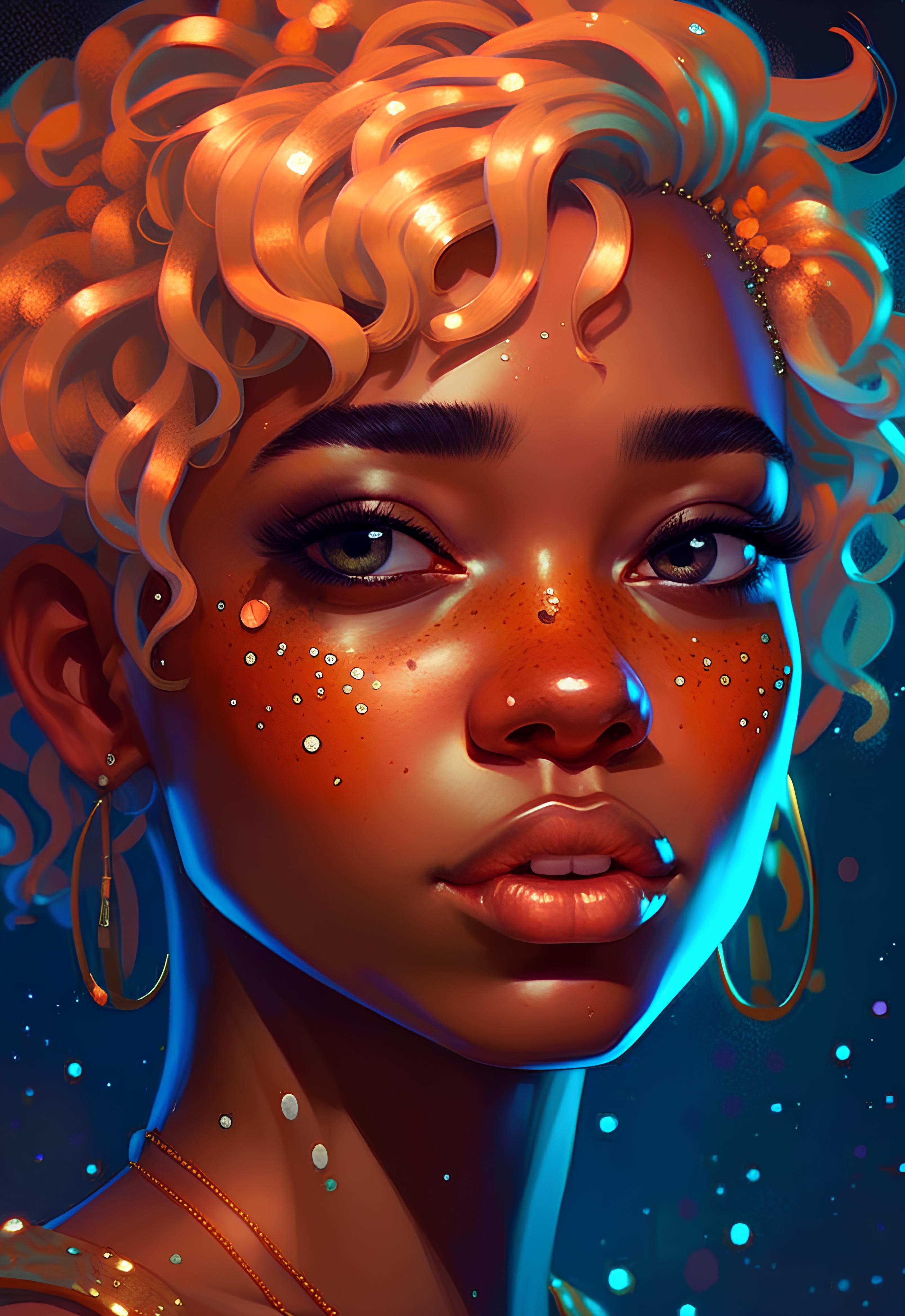 Deliberate prompt: a drawing of a woman with freckles on her face, inspired by loish, afrofuturism,...