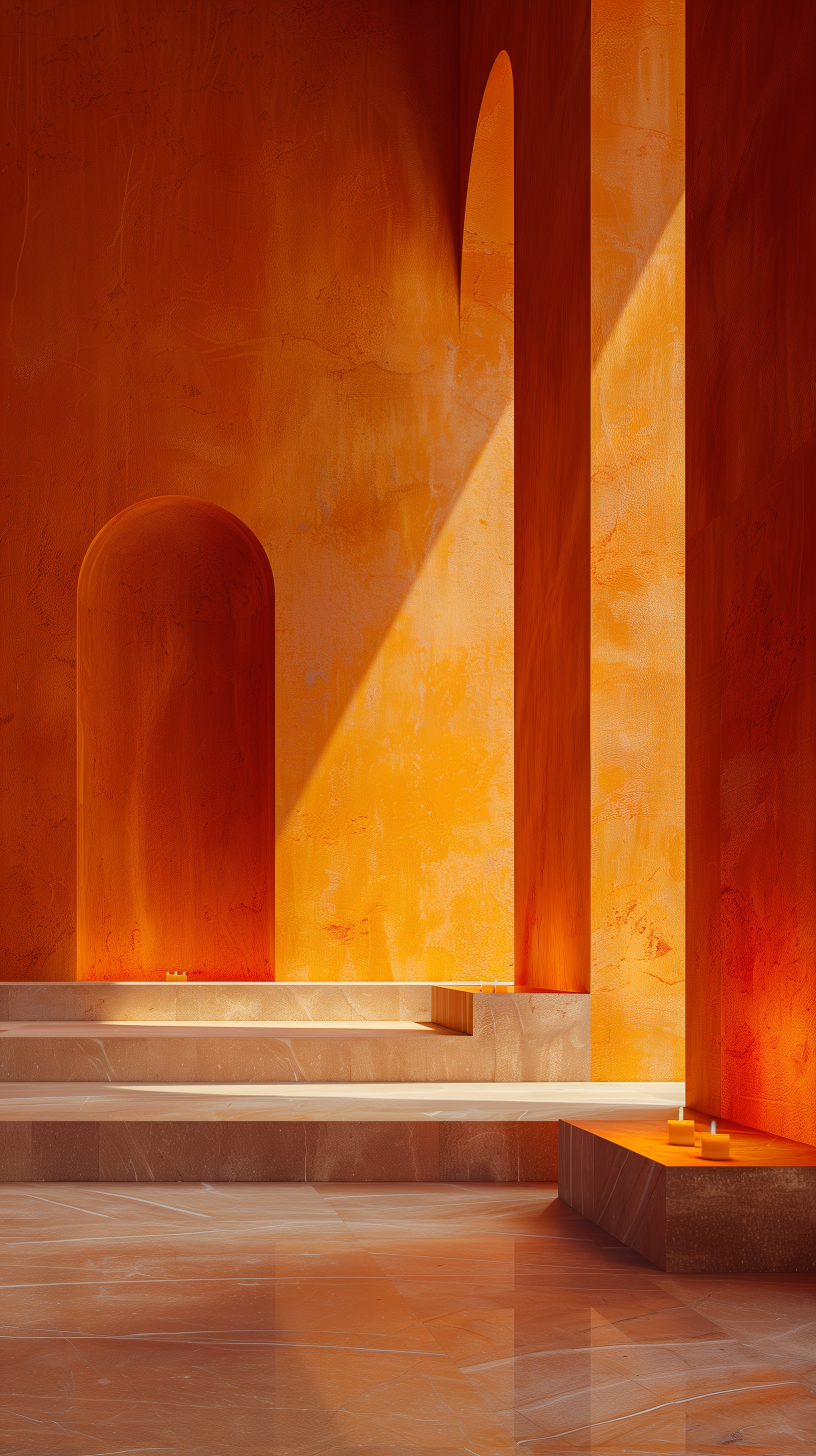 Midjourney prompt: photorealism image, monolithic interior room painted in a deep ochre hue, featur...