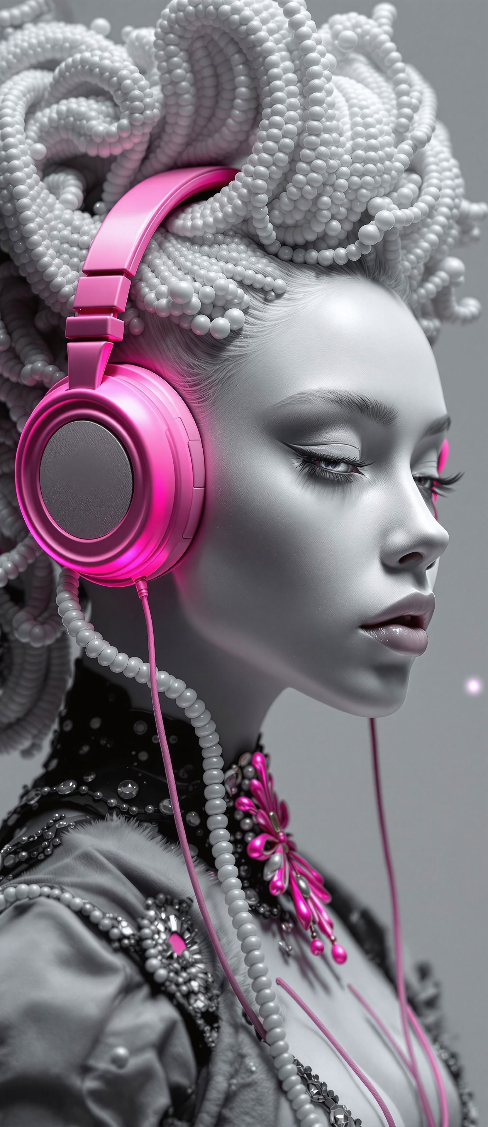 FLUX prompt: This stunning 3D digital artwork features an ethereal, porcelain-skinned woman w...