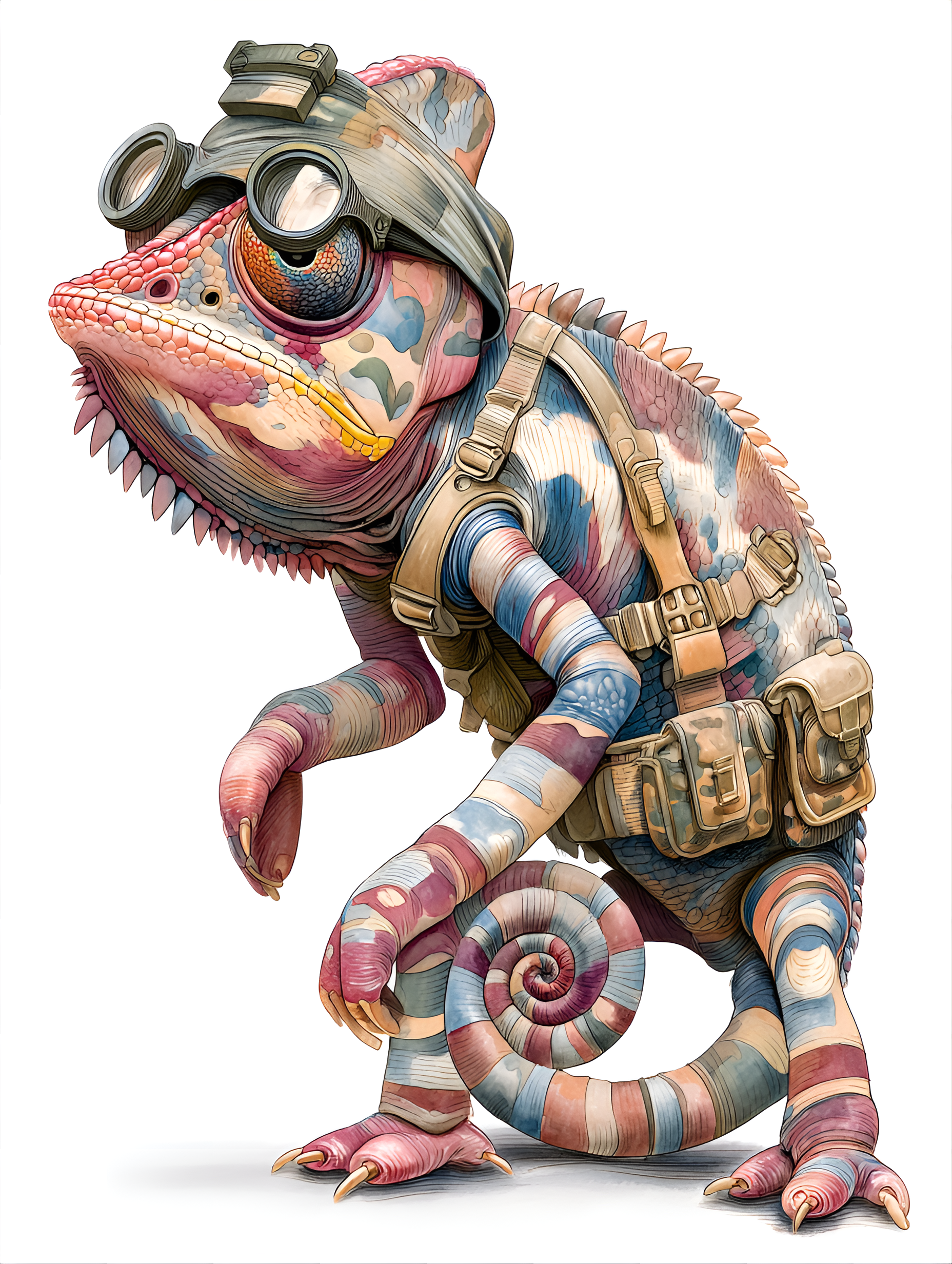 Midjourney prompt: funny caricature, chameleon animal caricature, juvenile exotic male, 2 years old...