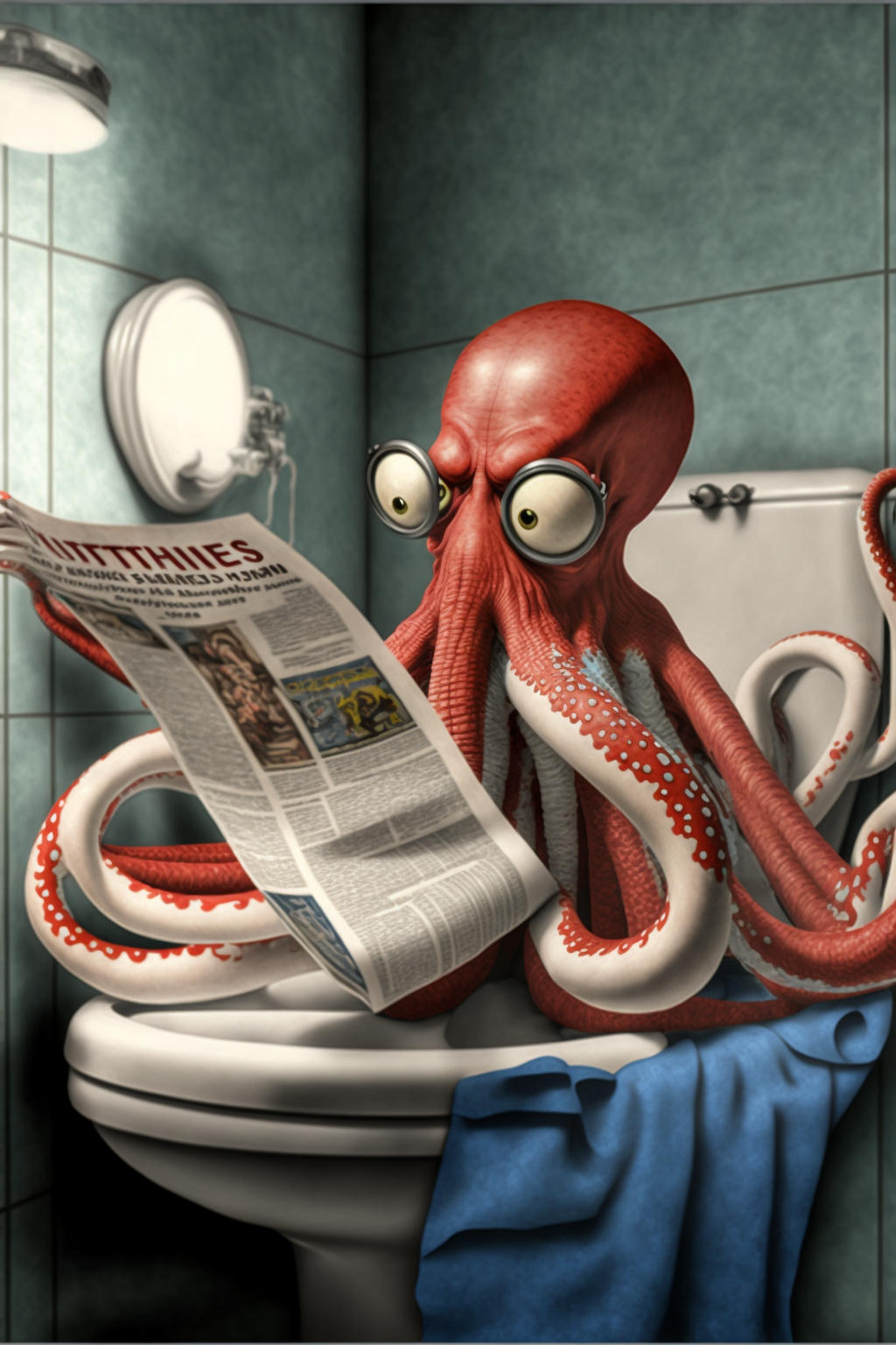 Midjourney prompt: red octopus ::1 reading the newspaper sit on a toilet, white lights, white tones...