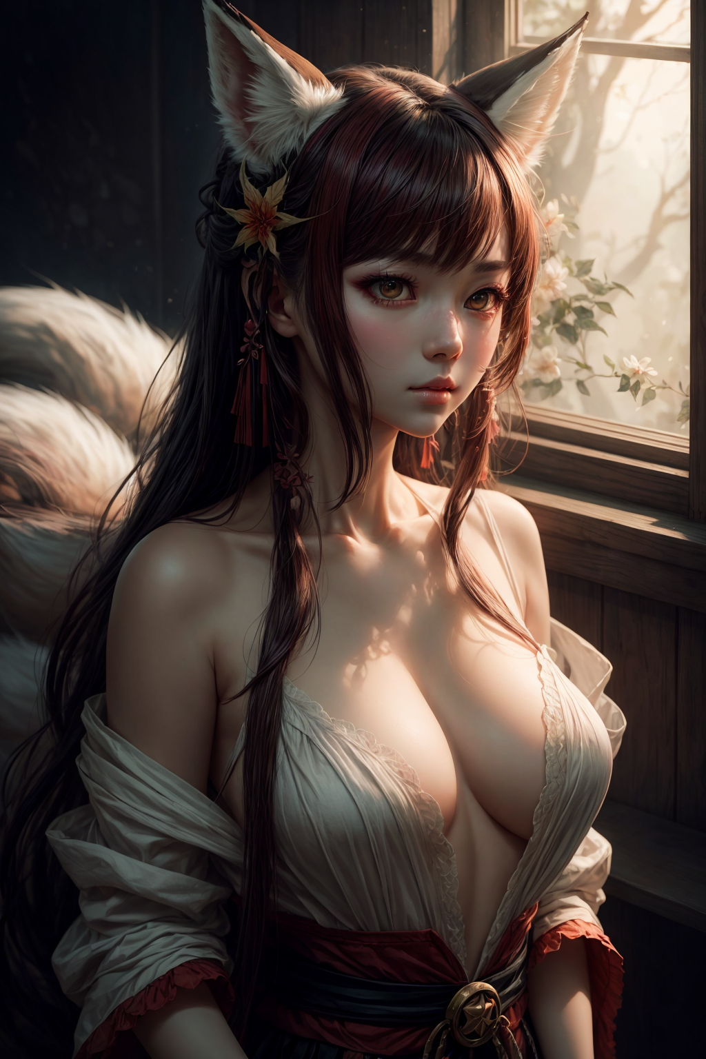 UnstableInkDream prompt: fluffy nine-tailed fox girl by Wlop and Guweiz, Hyper-realistic, photography, re...