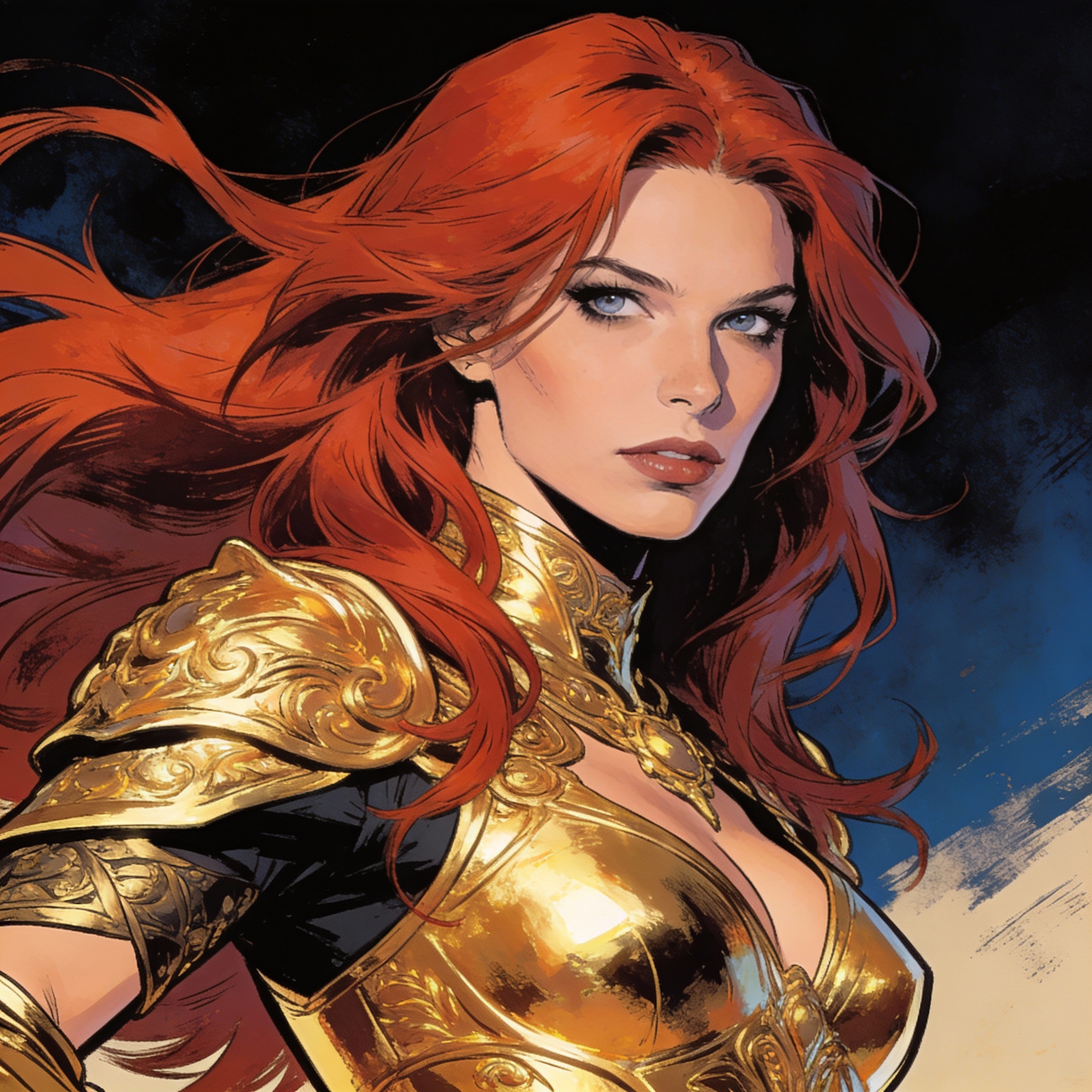 Seedream 4 prompt: a woman with long red hair in a gold painting, in the style of charlie bowater, ...