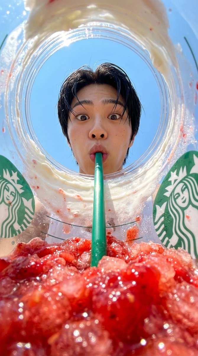 FLUX prompt: { "prompt": "View from inside a Starbucks strawberry frappuccino cup looking up,...