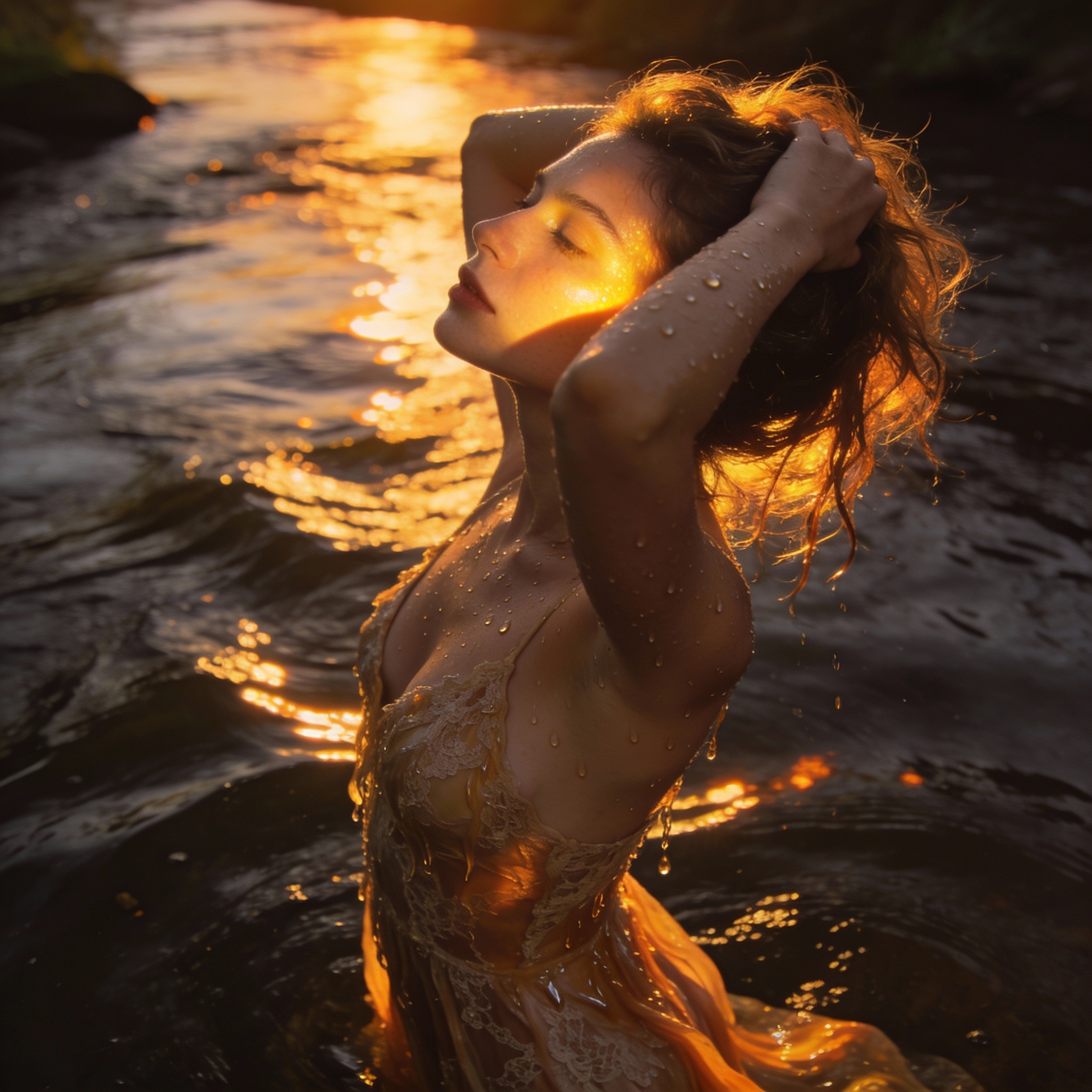Seedream 4 prompt: The uploaded woman stands by a river. The setting sun, a fiery sunset, golden cl...