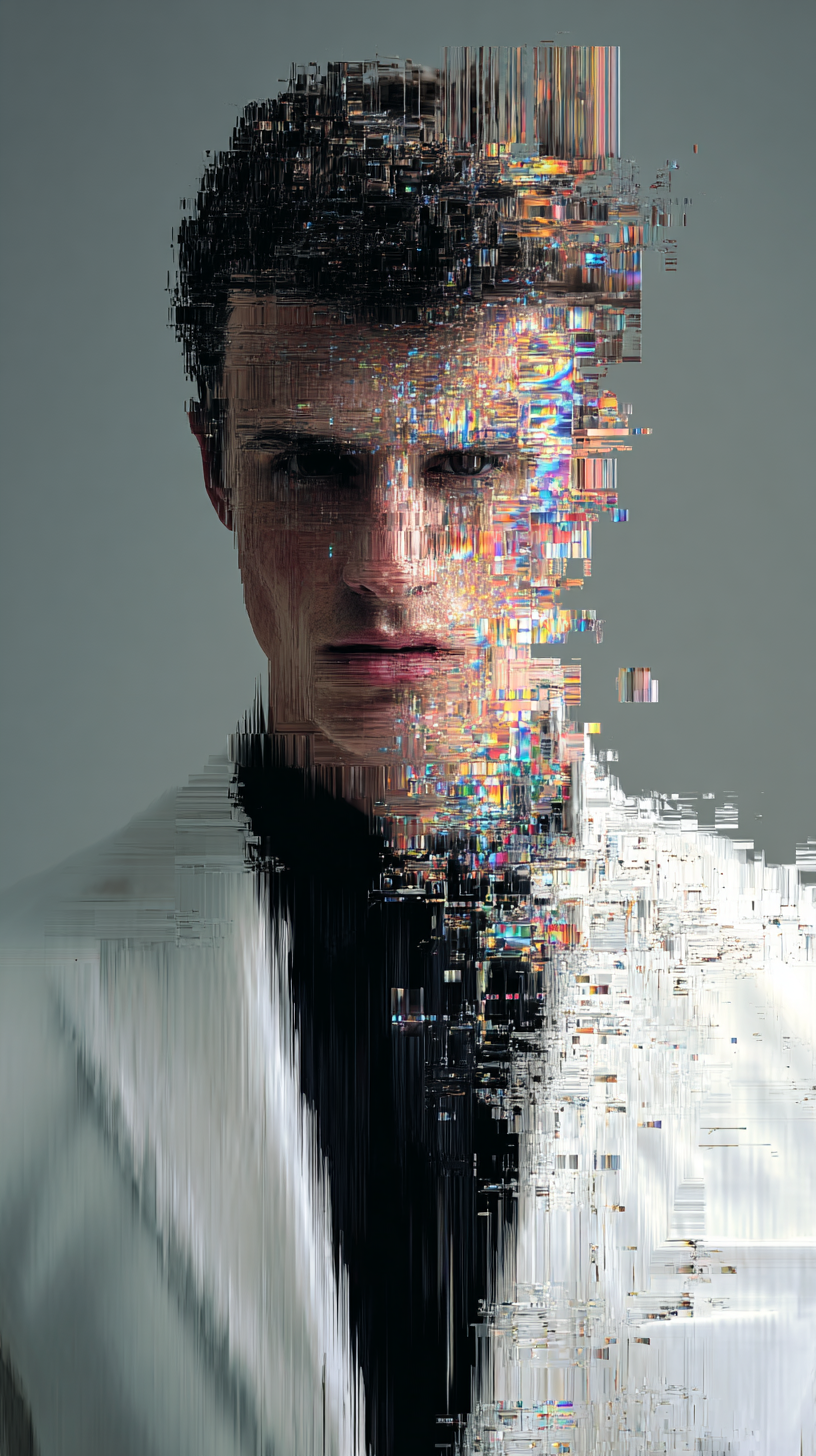 Midjourney Shatter prompt: realistic portrait of a man, front central shot, gaze, contemporary styled, wear...