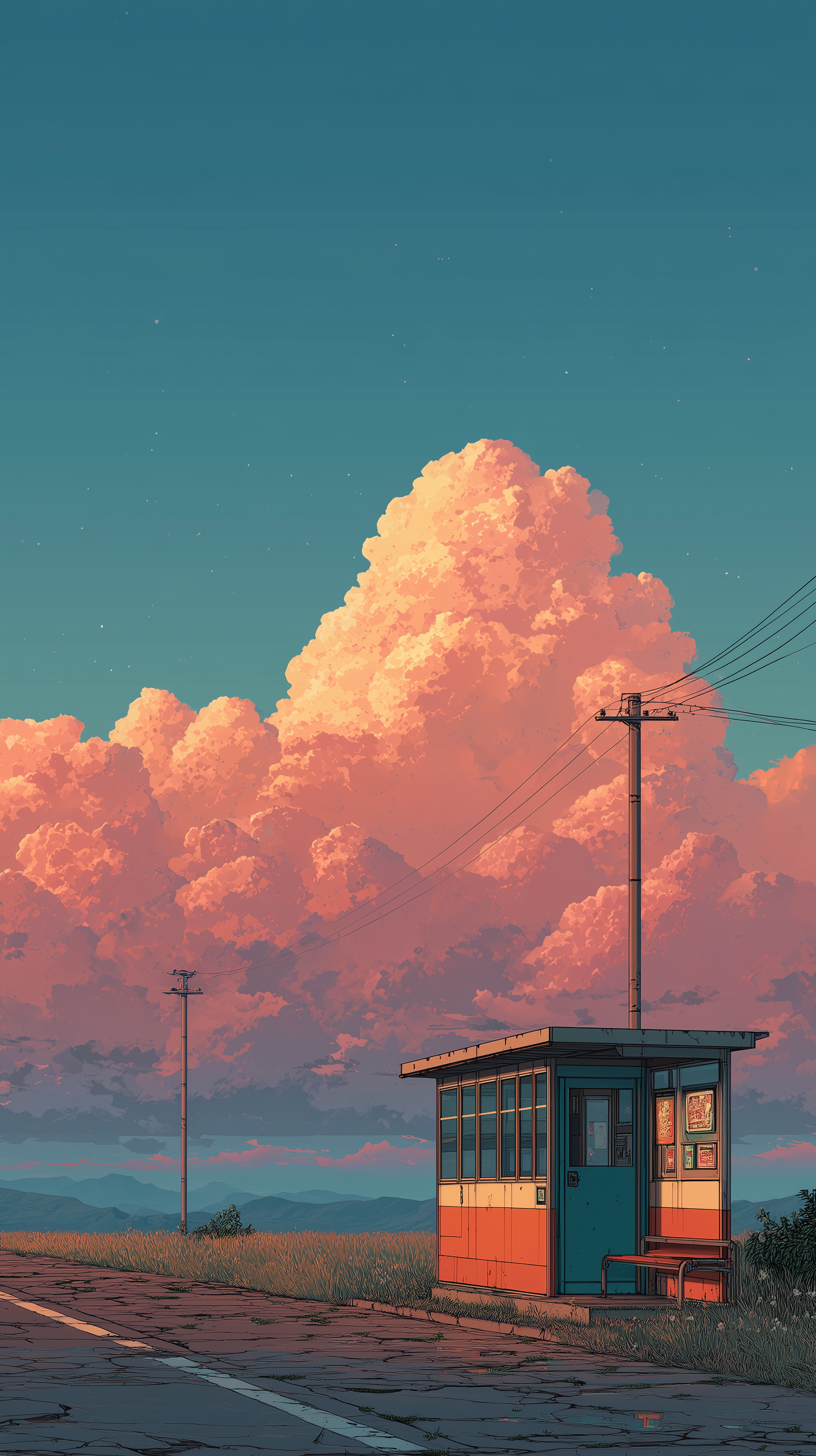 Midjourney Shatter prompt: illustration art, nostalgic, wide low-angle, small retro roadside busstop, warm ...