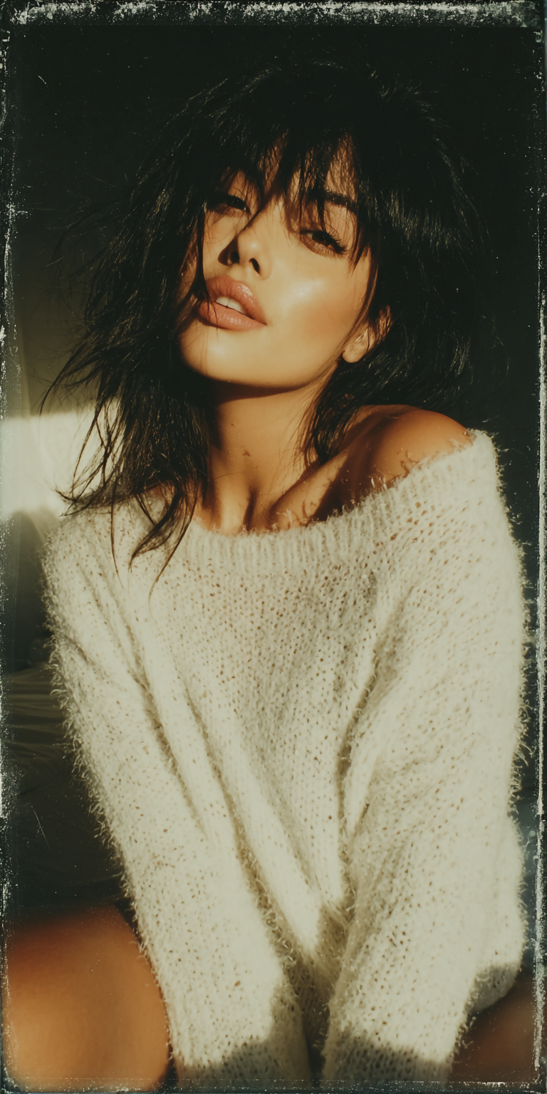 Midjourney Papercut prompt: Photograph of an Asian woman with long hair, bangs, and a white sweater, medium-...