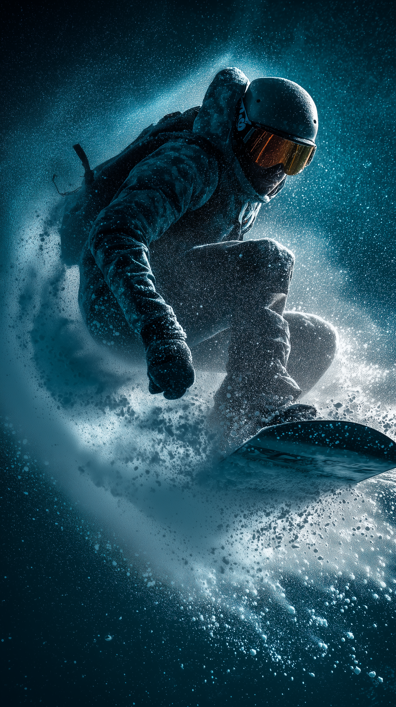 Midjourney Shatter prompt: dynamic action photography, snowboarder, cork spin frozen mid-air, fragments int...
