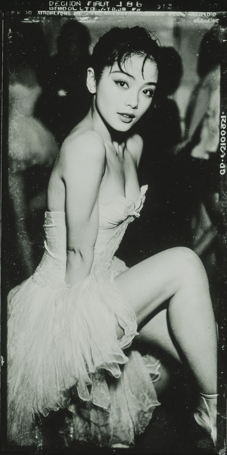 Midjourney Papercut prompt: a black-and-white studio portrait of a Japanese ballerina, with 35mm film grain,...