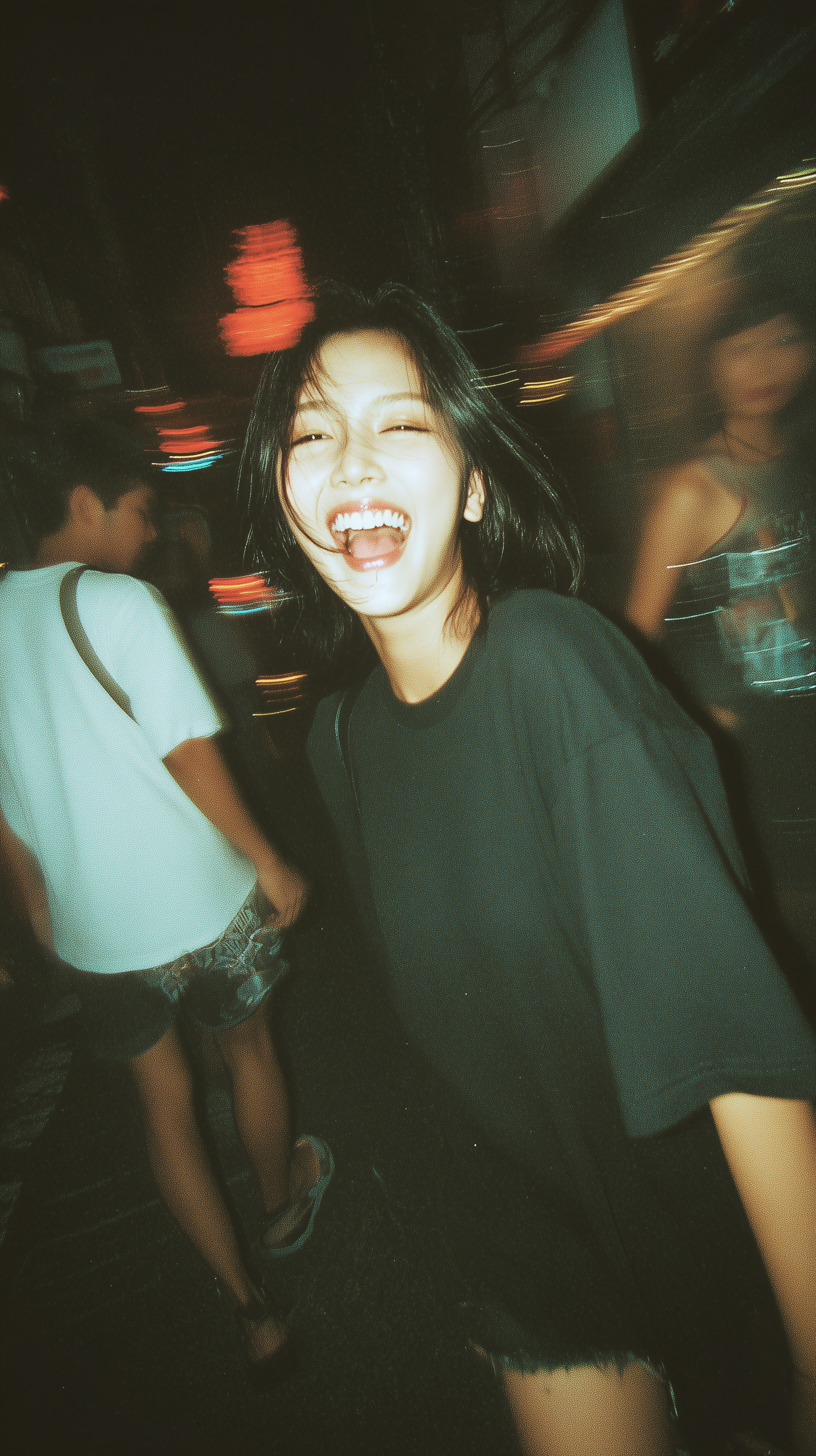 Midjourney Shatter prompt: photography, snapshot, disposable camera style, young korean girl, wearing a bla...