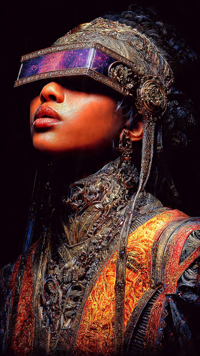 Z Image prompt: saturated colorful art, dark fantasy portrait of future teller young woman,,rich...
