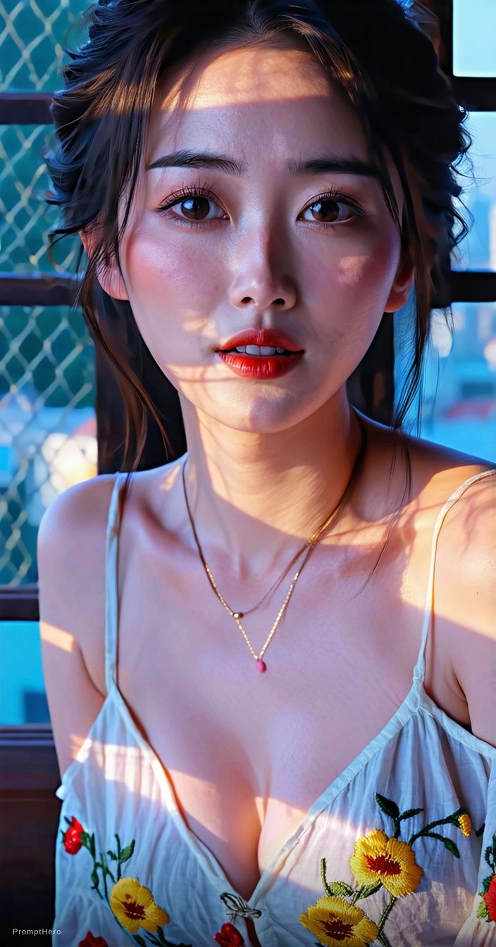 Hero prompt: A cinematic photorealistic boudoir portrait of a beautiful Asian woman kneeling ...