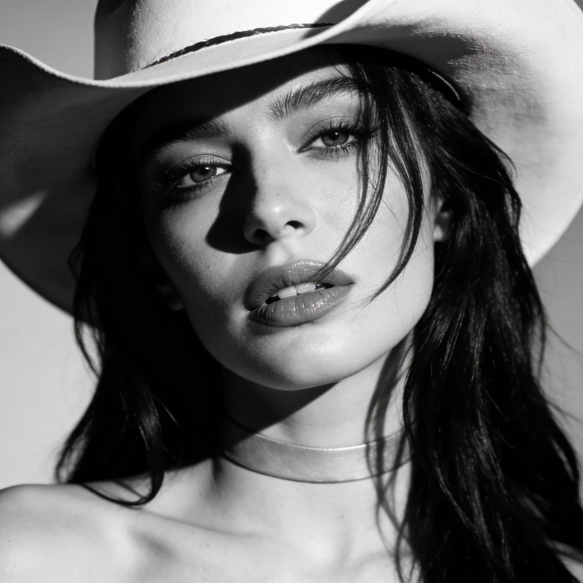 Seedream 4 prompt: A striking, high-contrast black and white portrait of a woman, shot in a studio ...