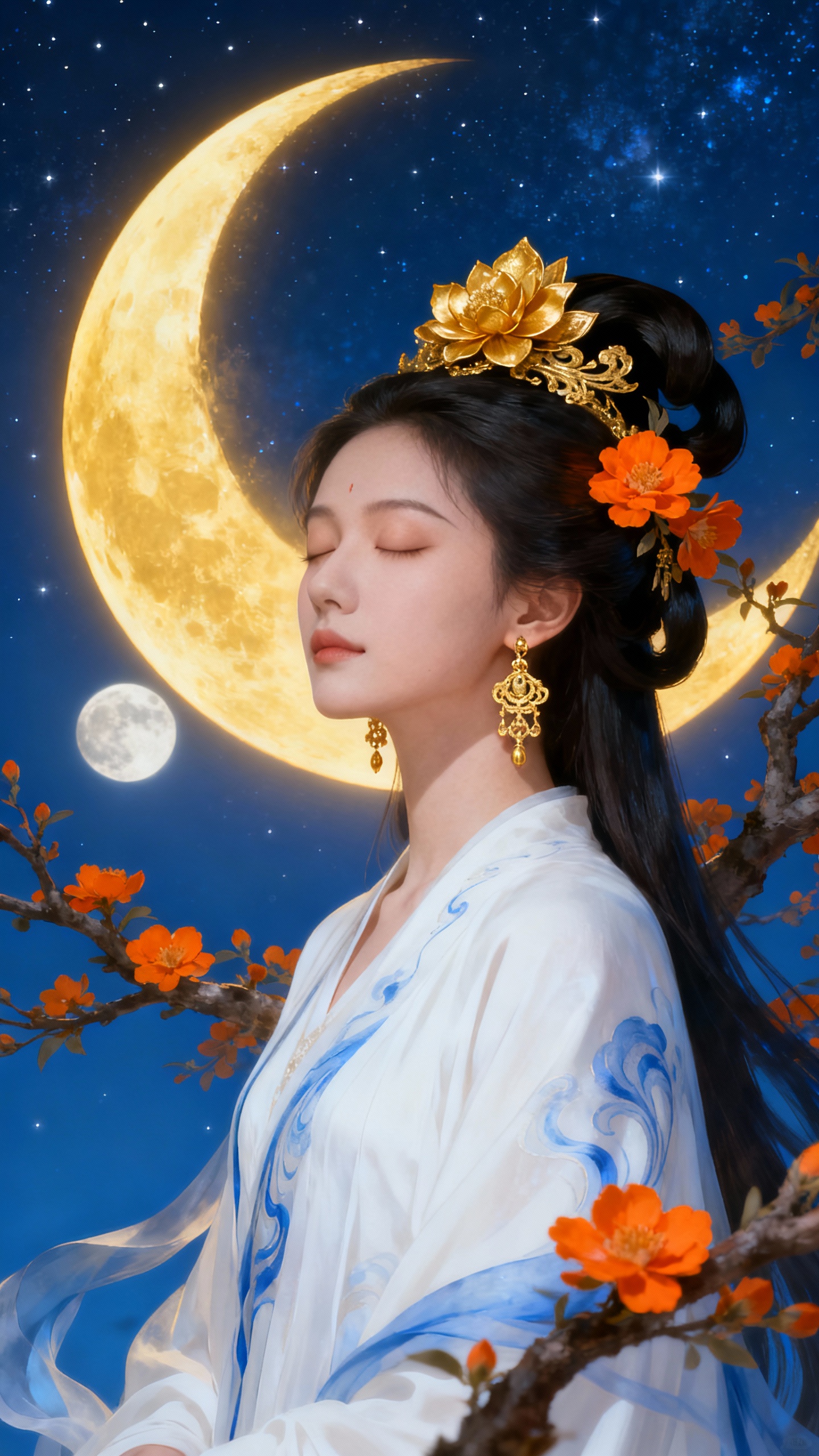 Seedream prompt: Photorealistic artwork of a serene, celestial Asian-inspired woman with pale, po...