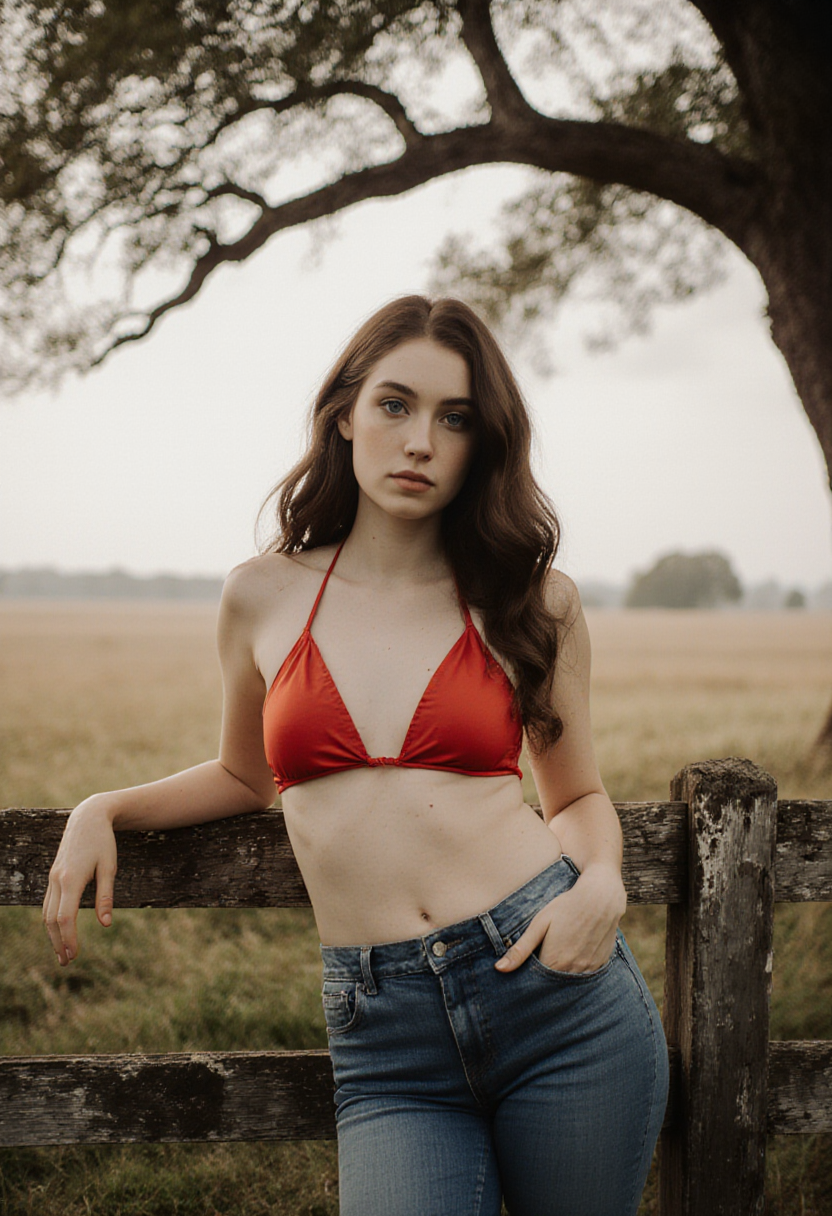 FLUX prompt: A cinematic, photorealistic portrait of a woman with long, wavy brown hair and s...