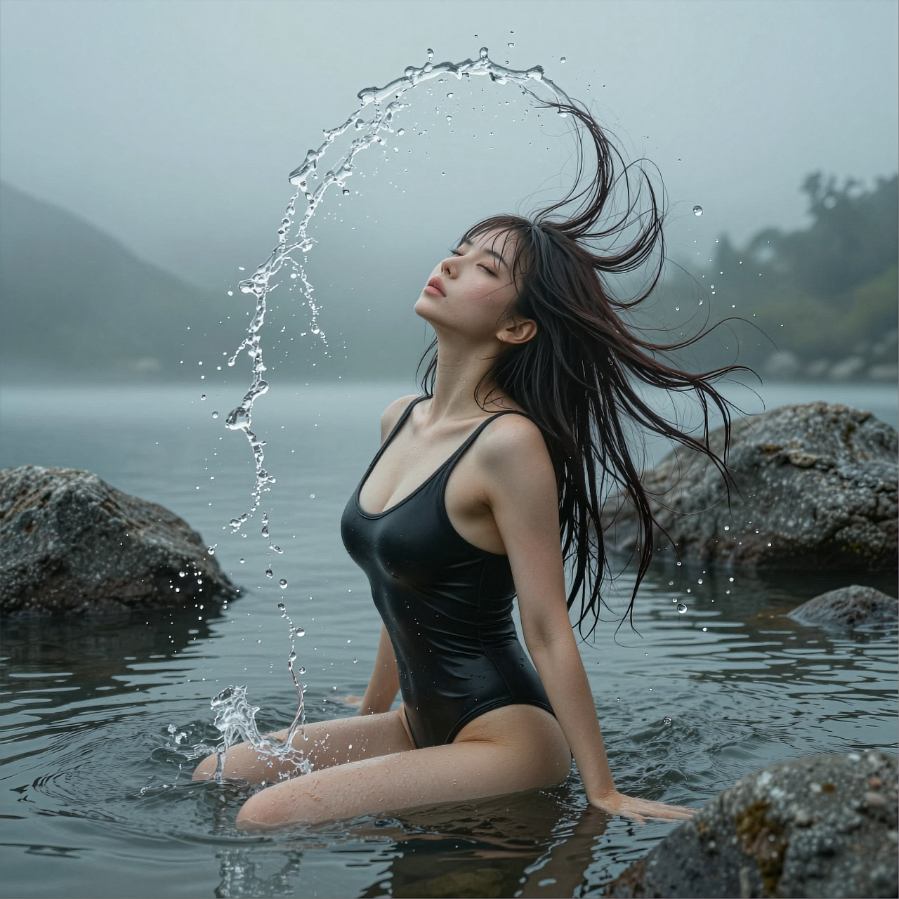 Z Image prompt: A high-shutter-speed photorealistic action portrait of a beautiful woman with lo...