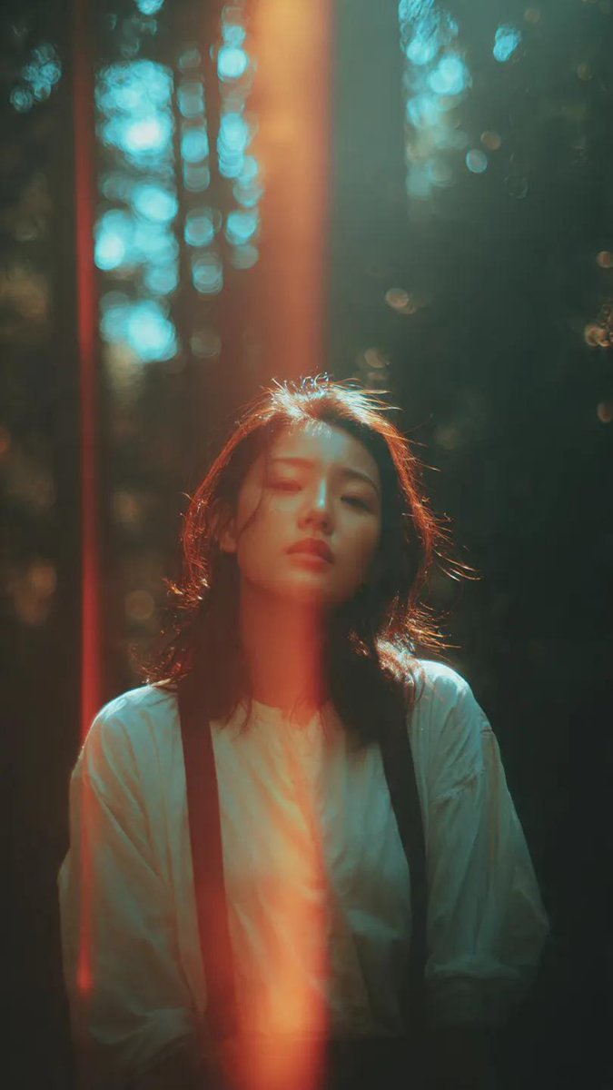 Stable Diffusion prompt: A cinematic portrait of an Asian woman standing in a quiet forest, captured in a...