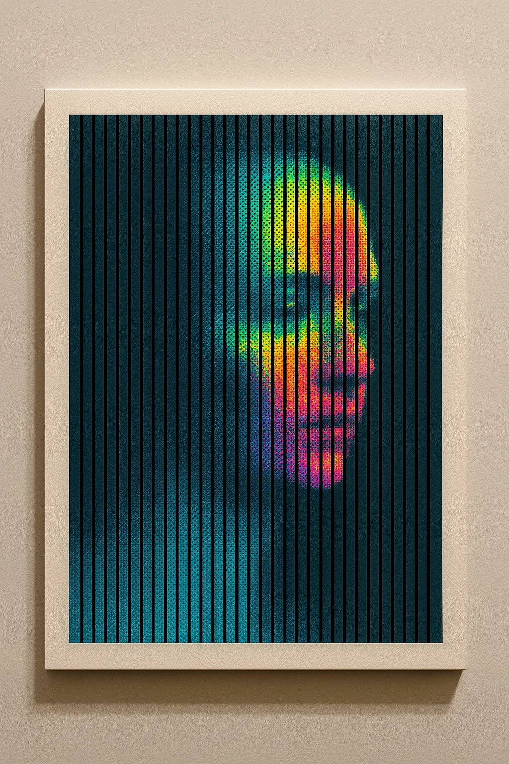 OrangeChillMix prompt: { "scene": "Parallel black slits over a blue portrait halftone create a hidden f...