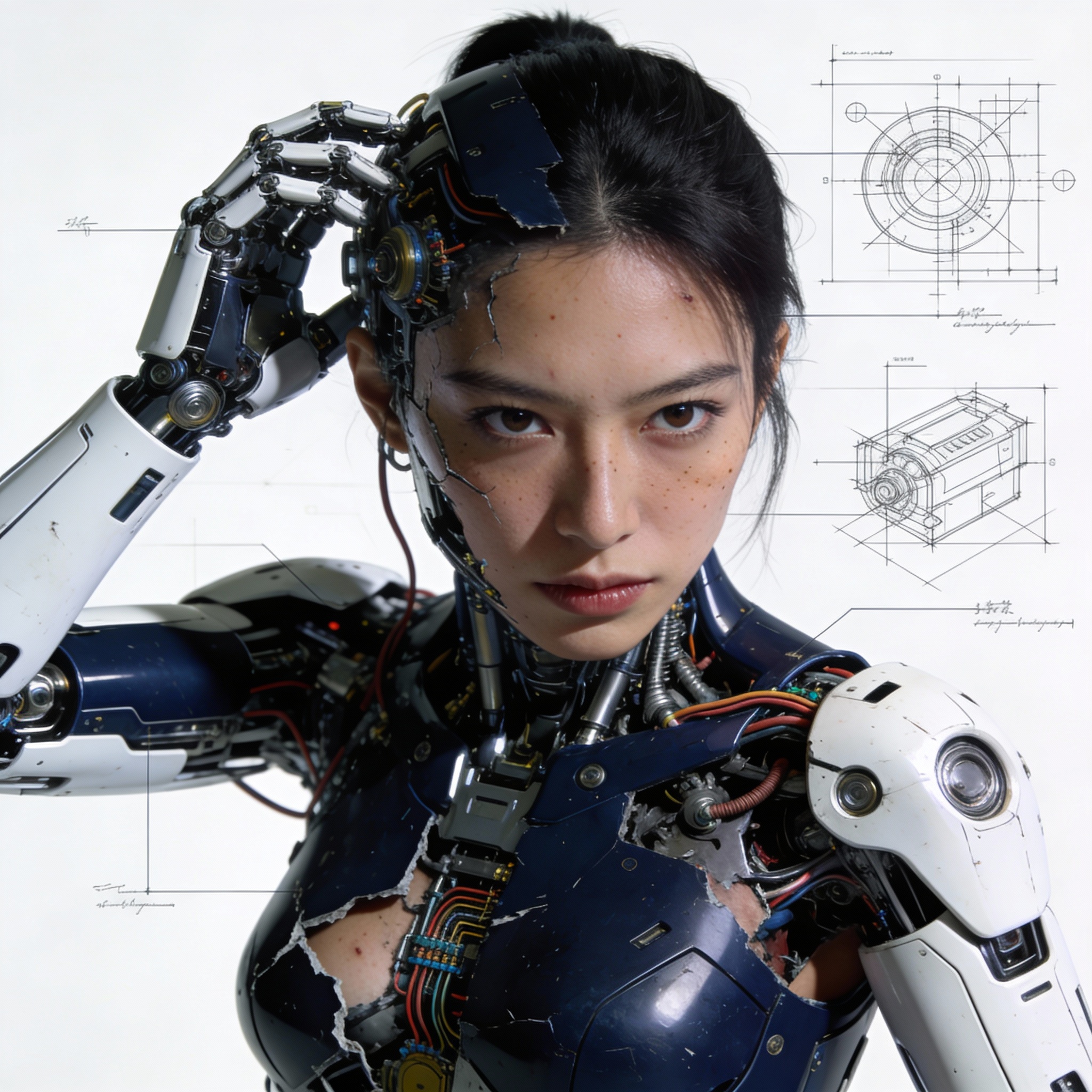 Hero prompt: Ultra-detailed cinematic portrait of a Hong Kong female cyborg , navy and white ...